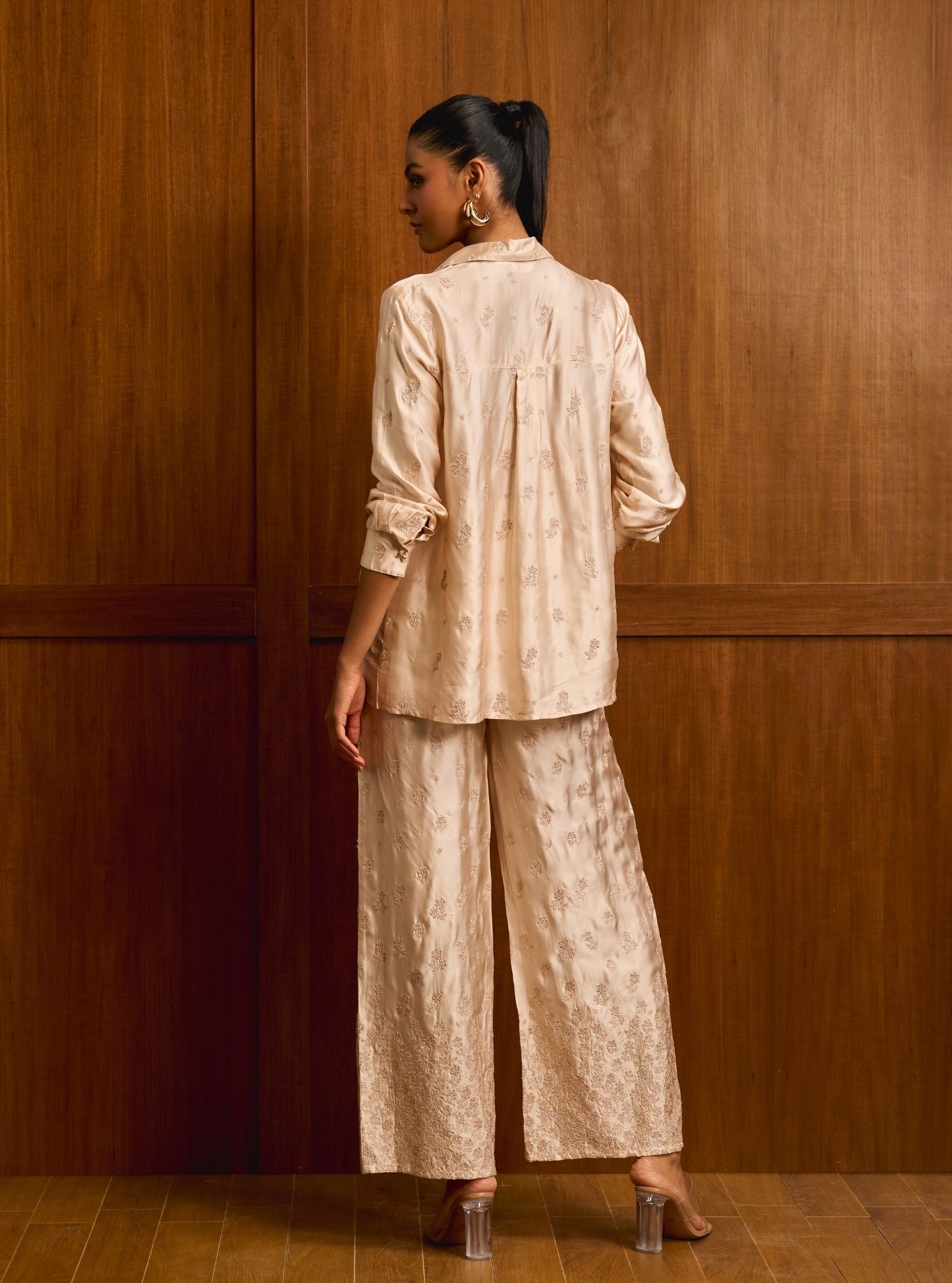 Santree Cupro Satin Champagne Shirt Set