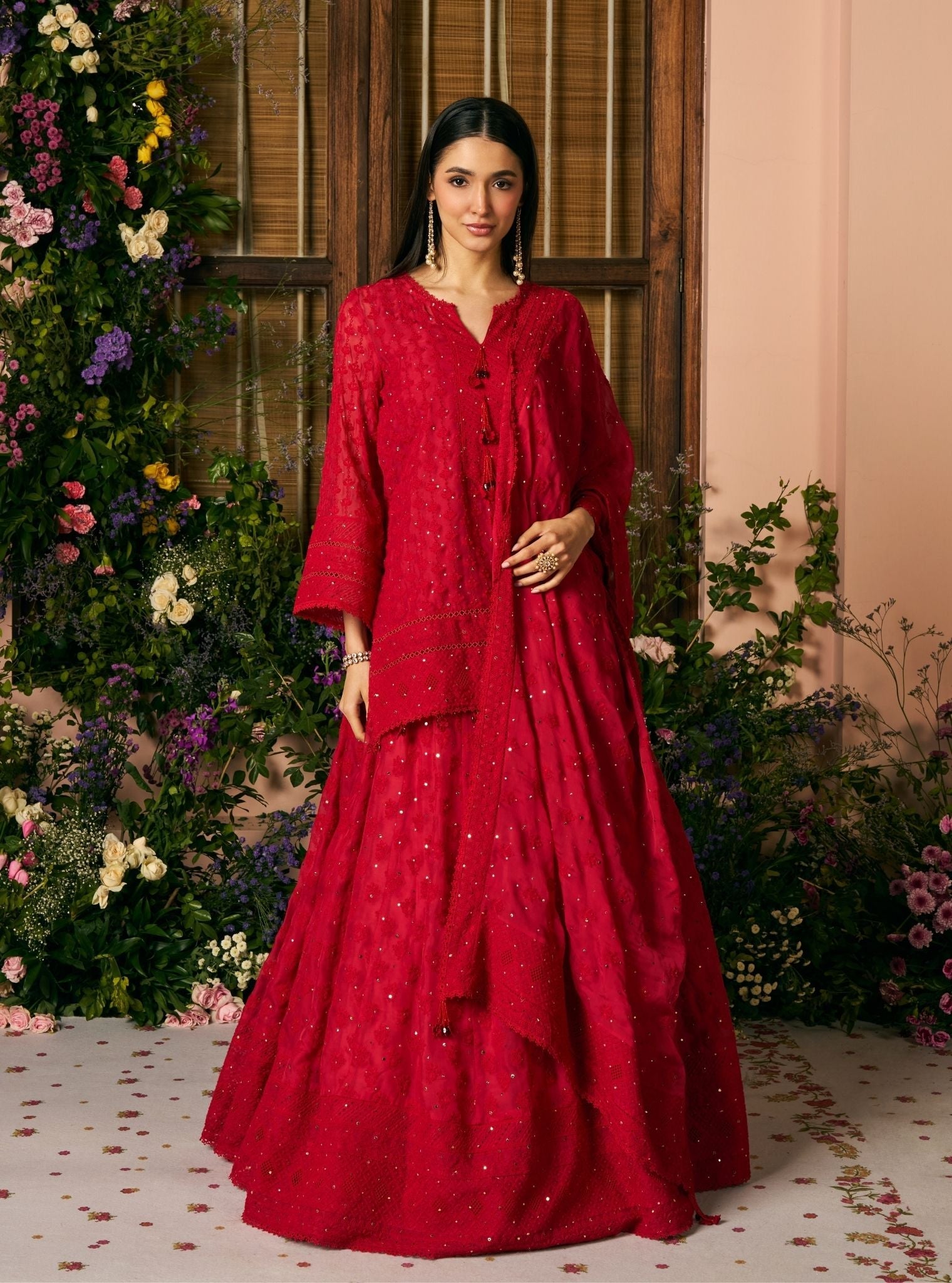 Kilol Organza Red Kurta & Lehenga Set