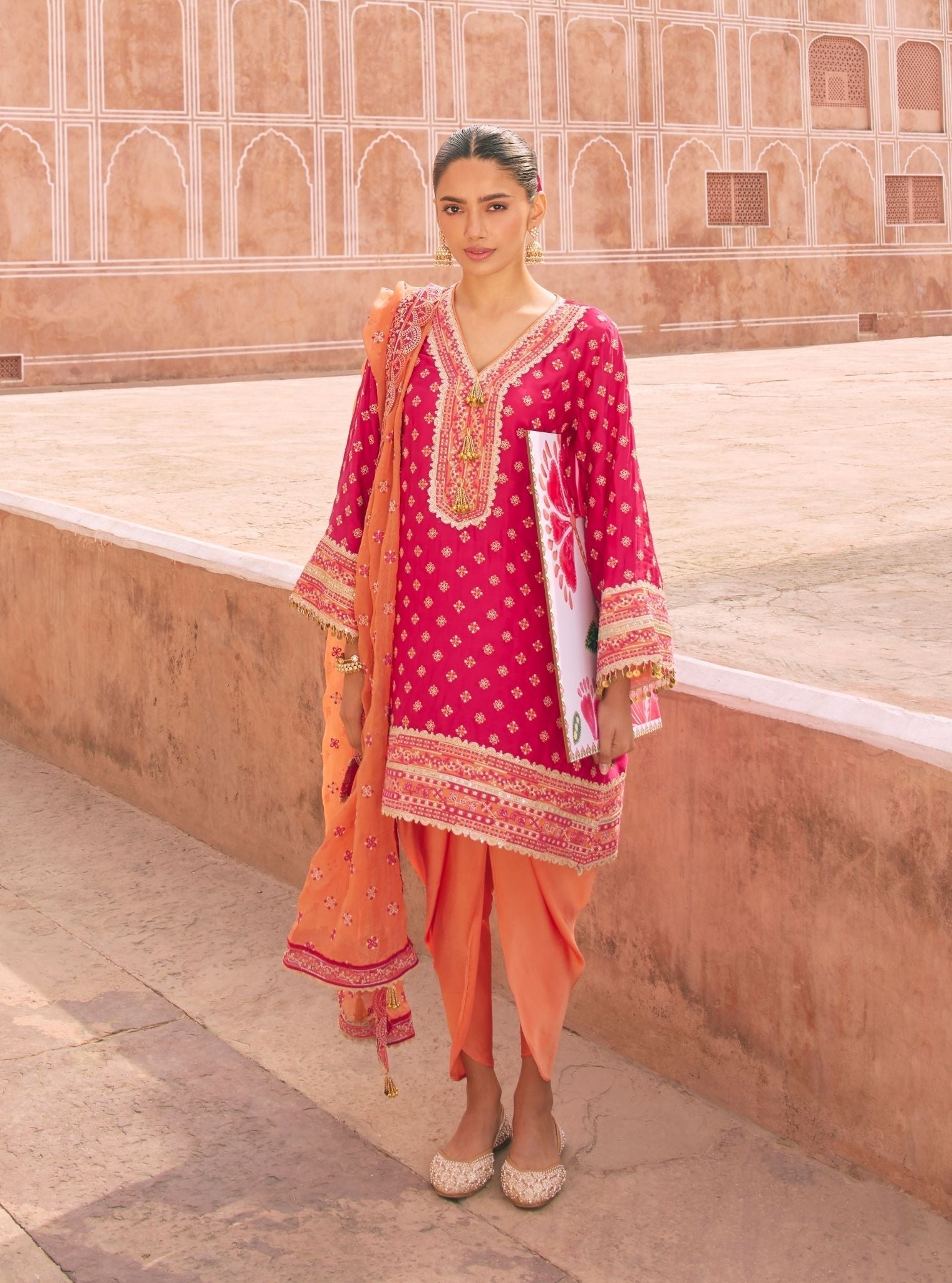 Survani Bemberg Satin Fuschia Kurta With Orange Salwar