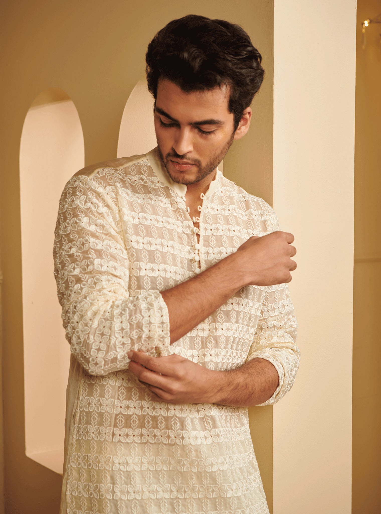 Mulmul Organza Zeke Off White Kurta With Mulmul Supima Cotton Zeke Off White Pyajama