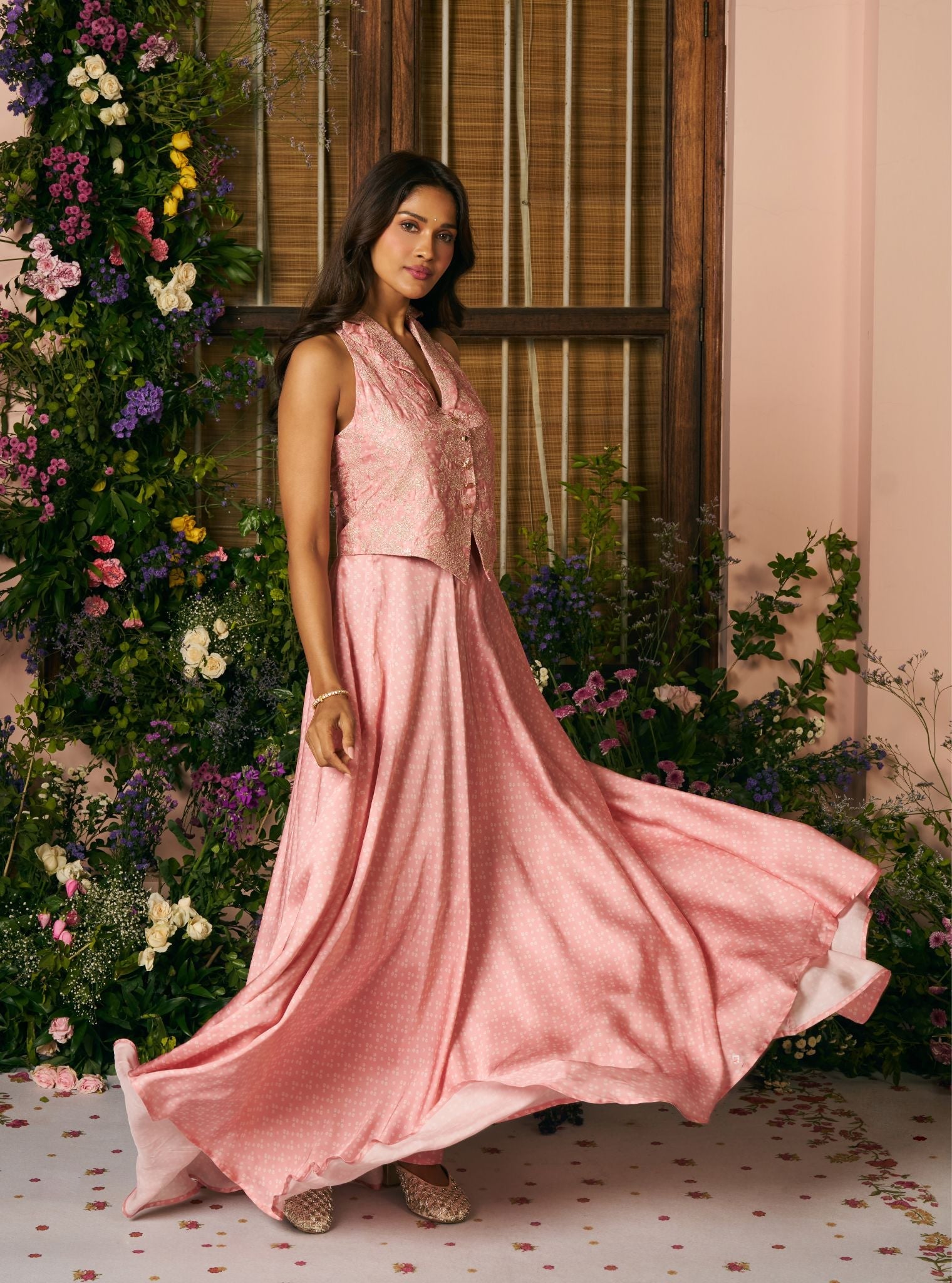 Kuhu Cupro Satin Printed Pink Waistcoat with Wide Pleated Skirt