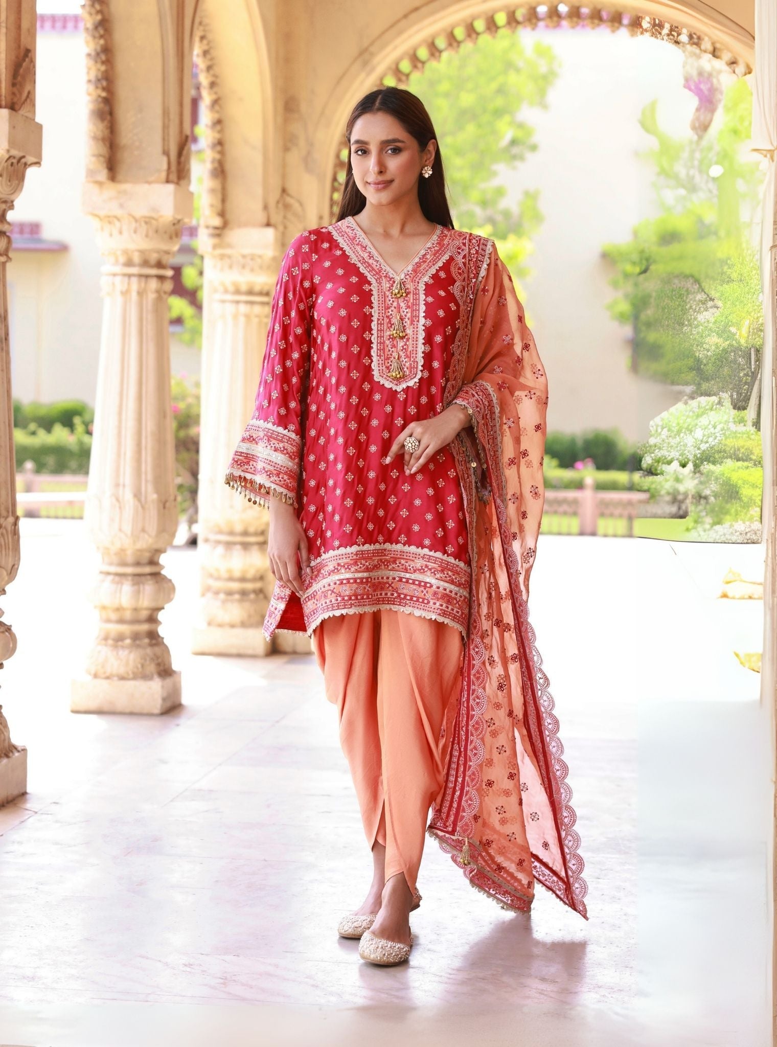 Survani Bemberg Satin Fuschia Kurta With Orange Salwar
