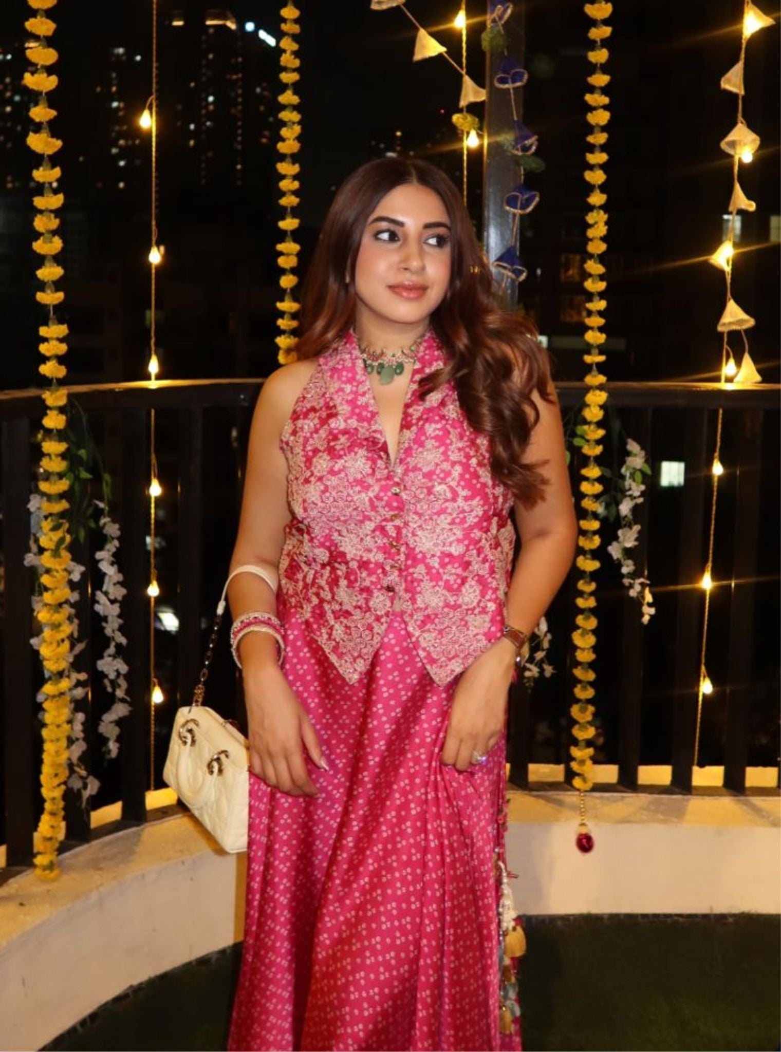 Kuhu Cupro Satin Printed Fuchsia Waistcoat with Wide Pleated Skirt