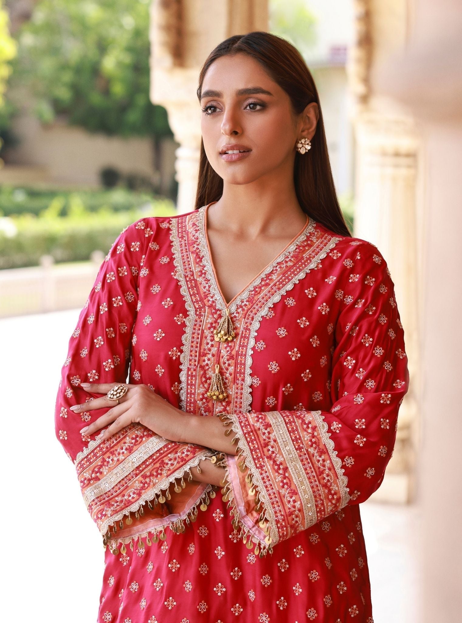 Survani Bemberg Satin Fuschia Kurta With Orange Salwar