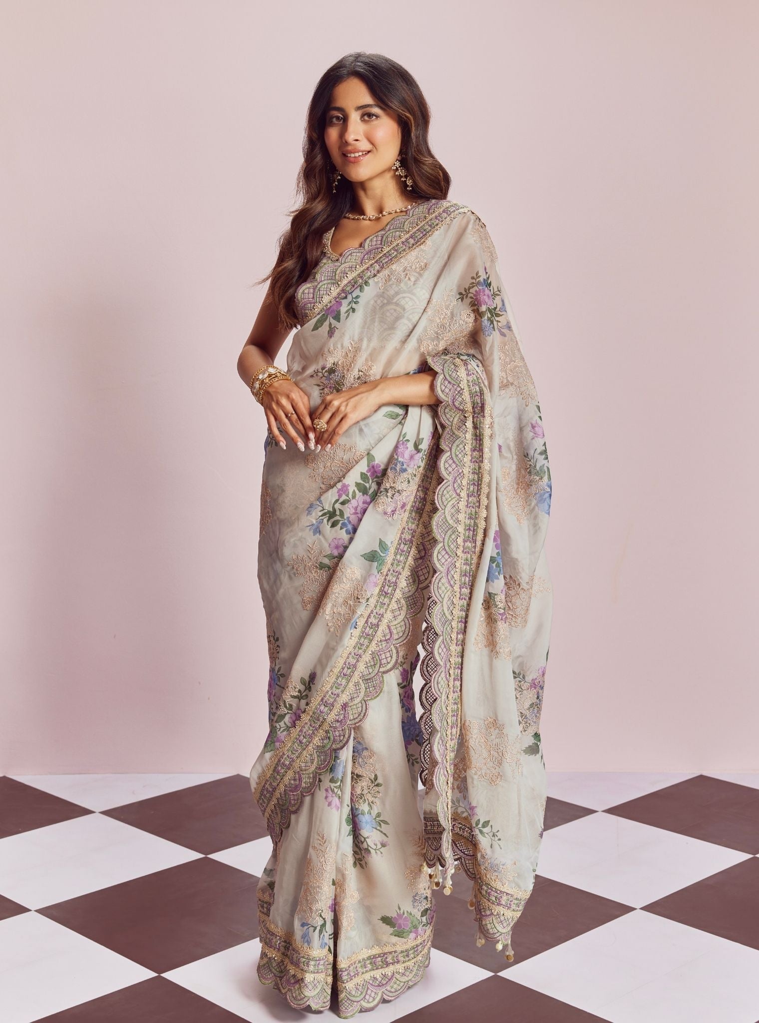 Mulmul Organza Printed Swar Dull White Saree