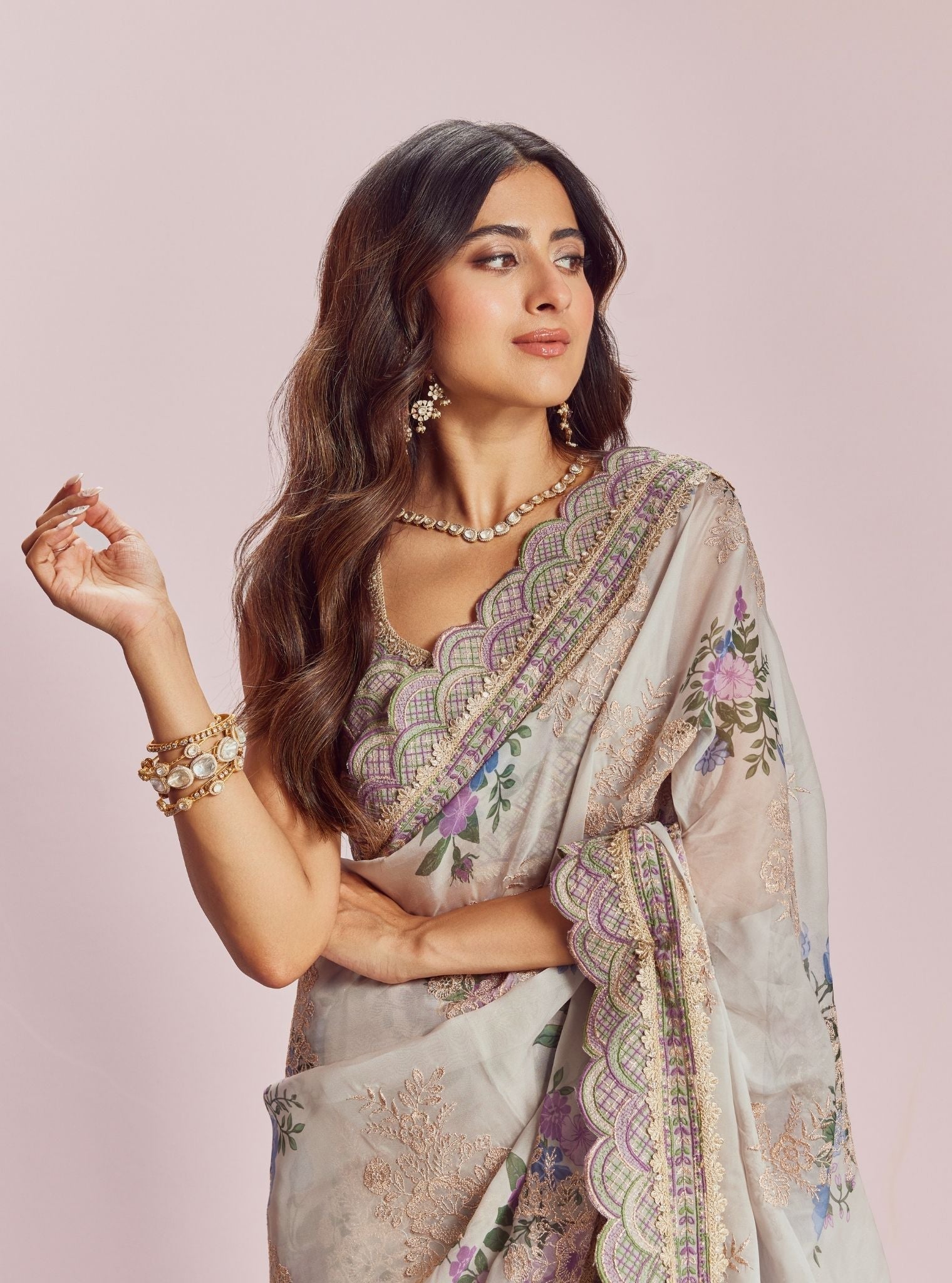 Mulmul Organza Printed Swar Dull White Saree