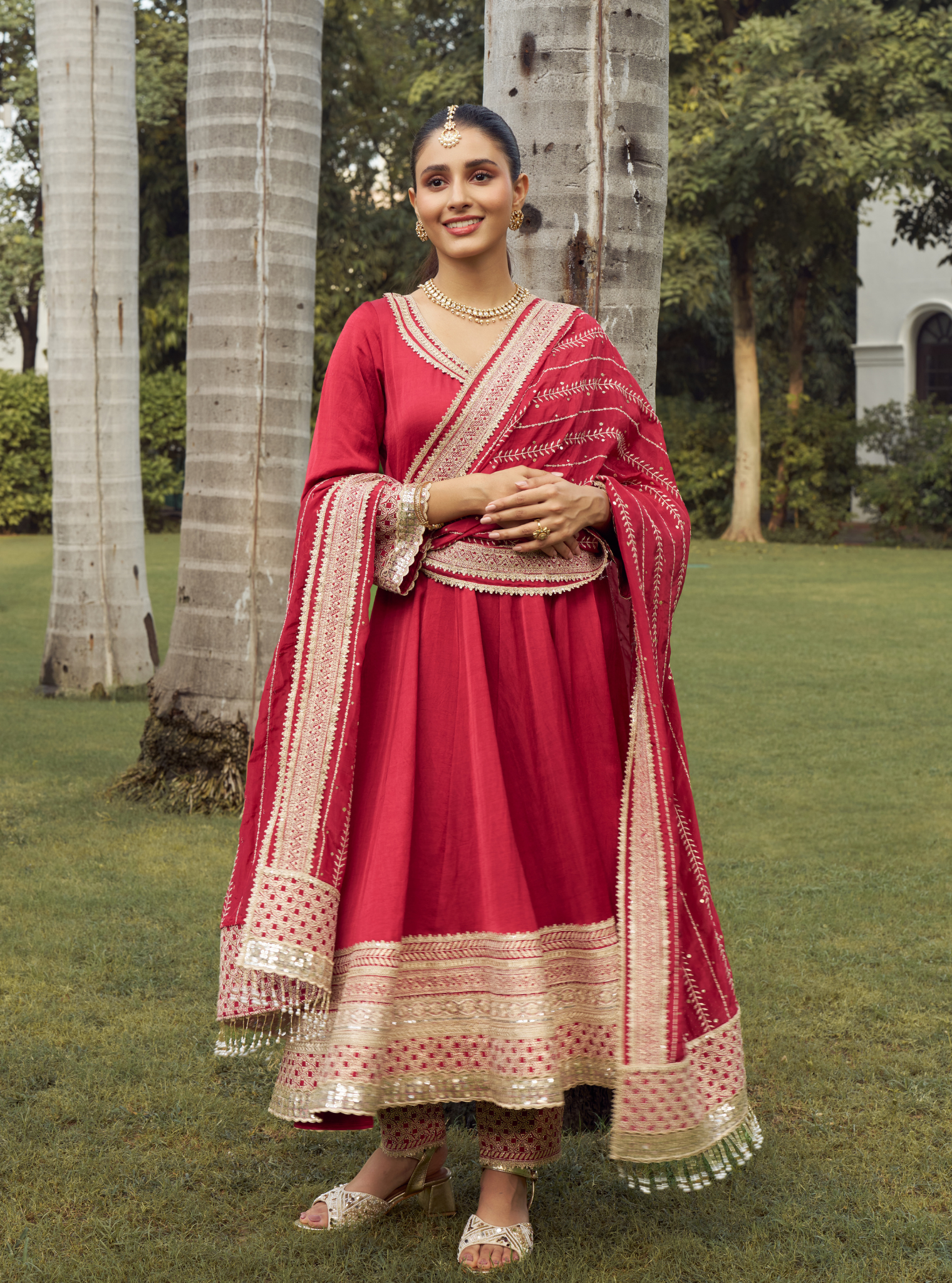 Mausami Red Linen Satin Anarkali Kurta Set