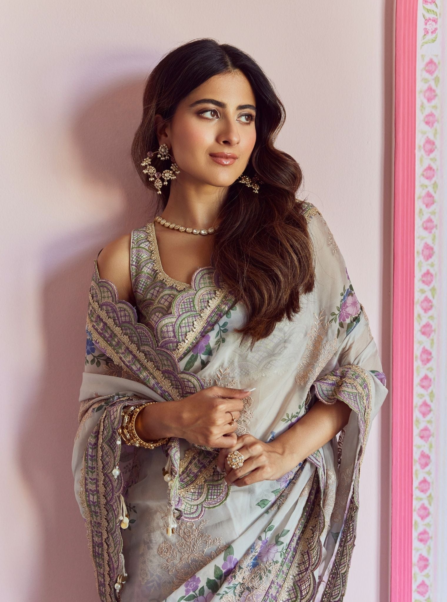 Mulmul Organza Printed Swar Dull White Saree