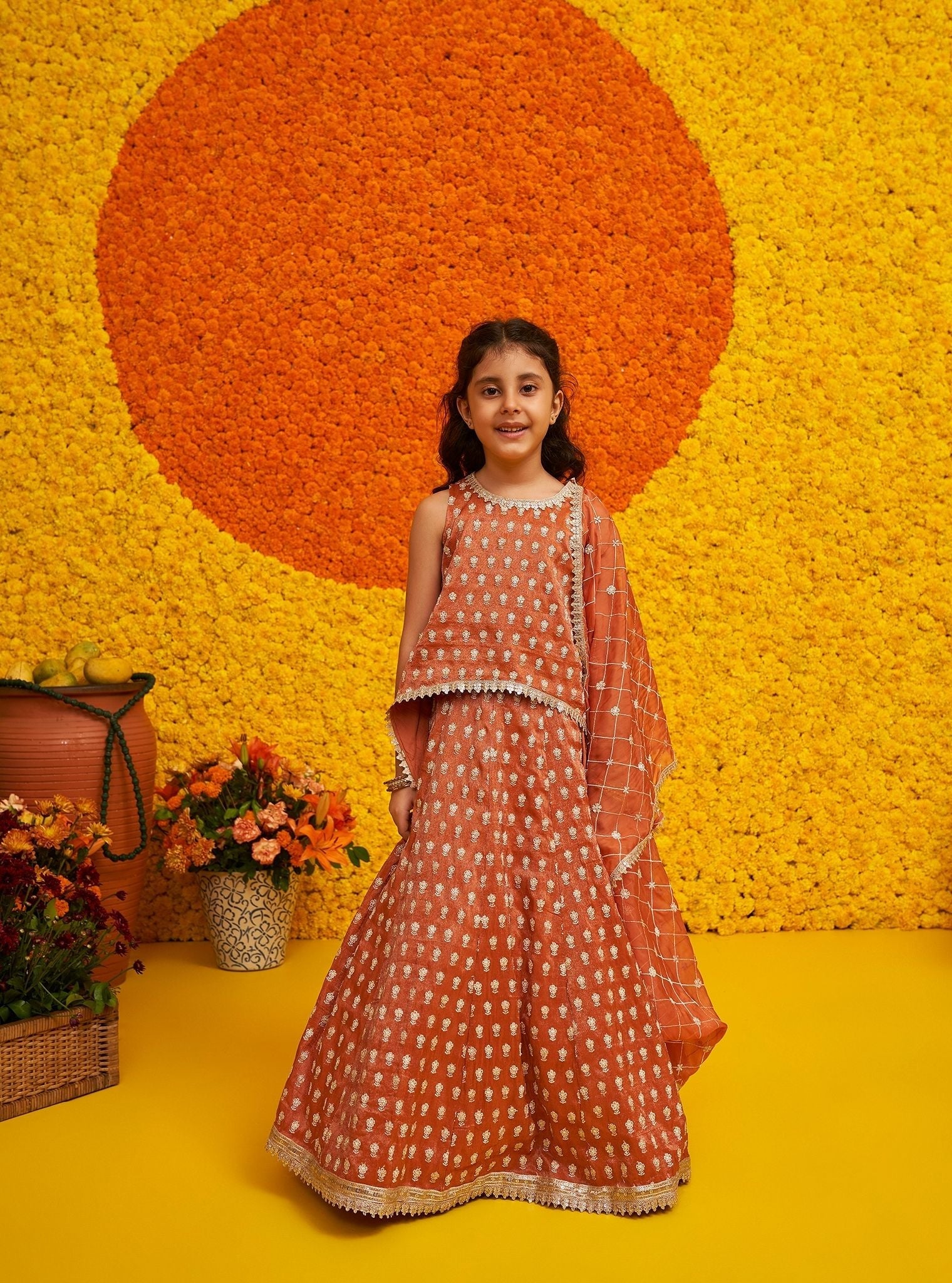 Naira Royal Tissue Burnt Orange Kurta with Lehenga Set