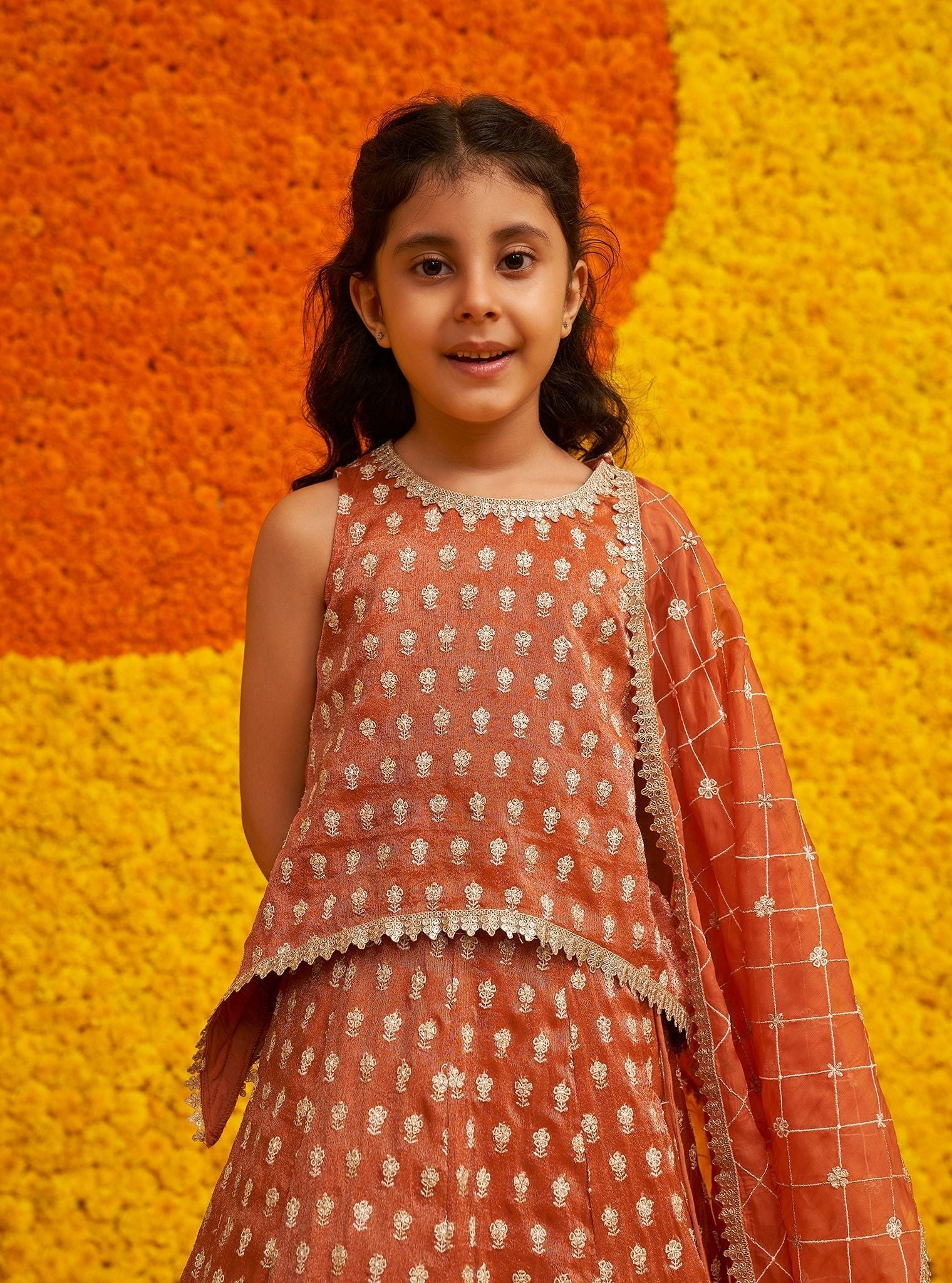 Naira Royal Tissue Burnt Orange Kurta with Lehenga Set