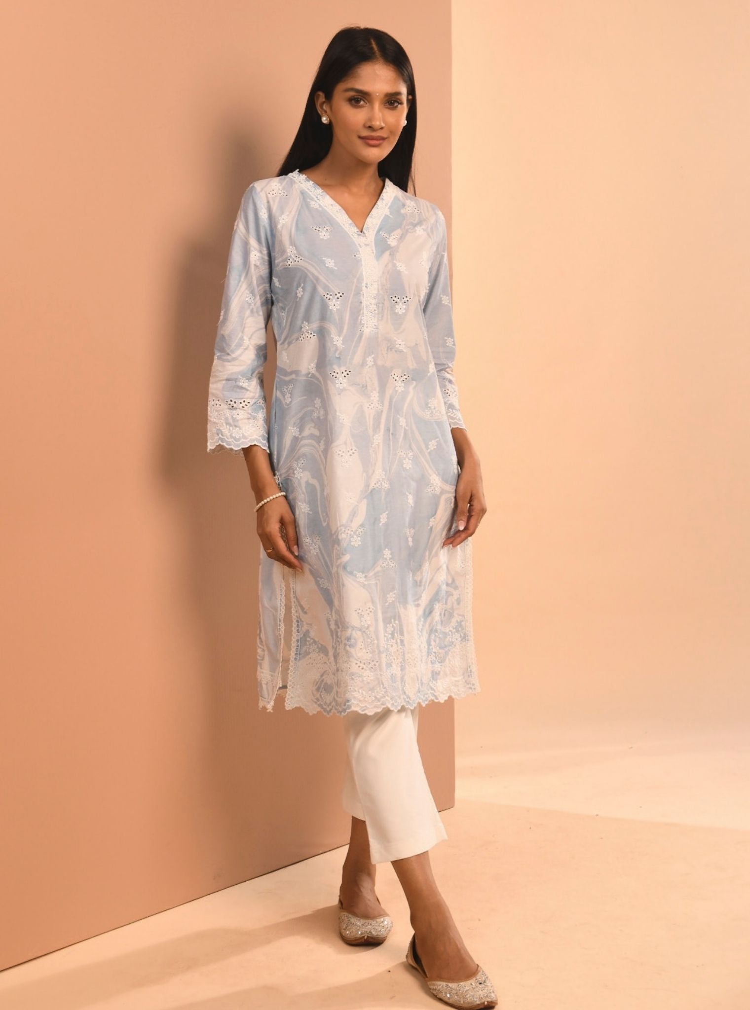 Mulmul Supima Cotton Marble Adela Blue Kurta