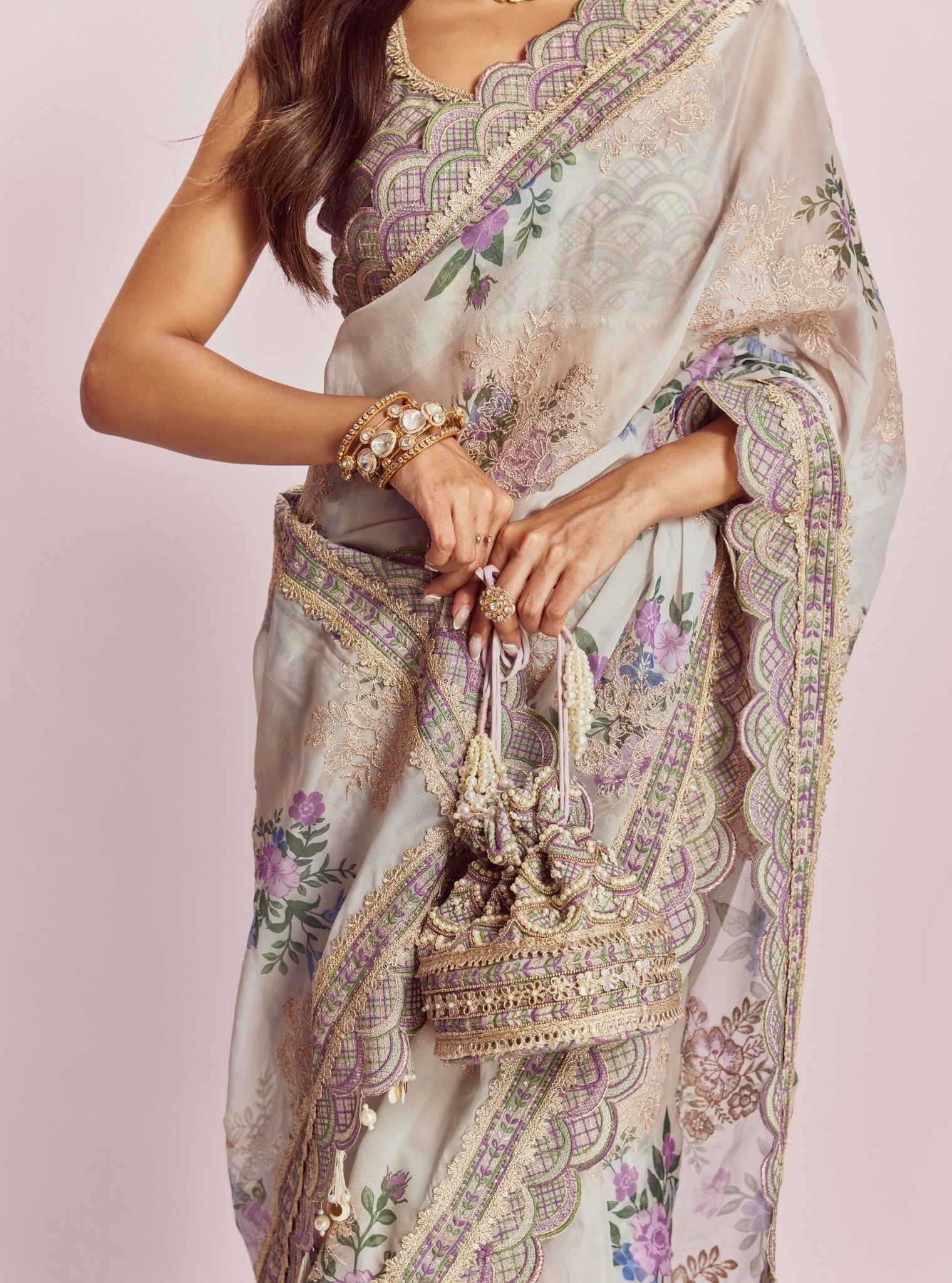 Mulmul Organza Printed Swar Dull White Saree