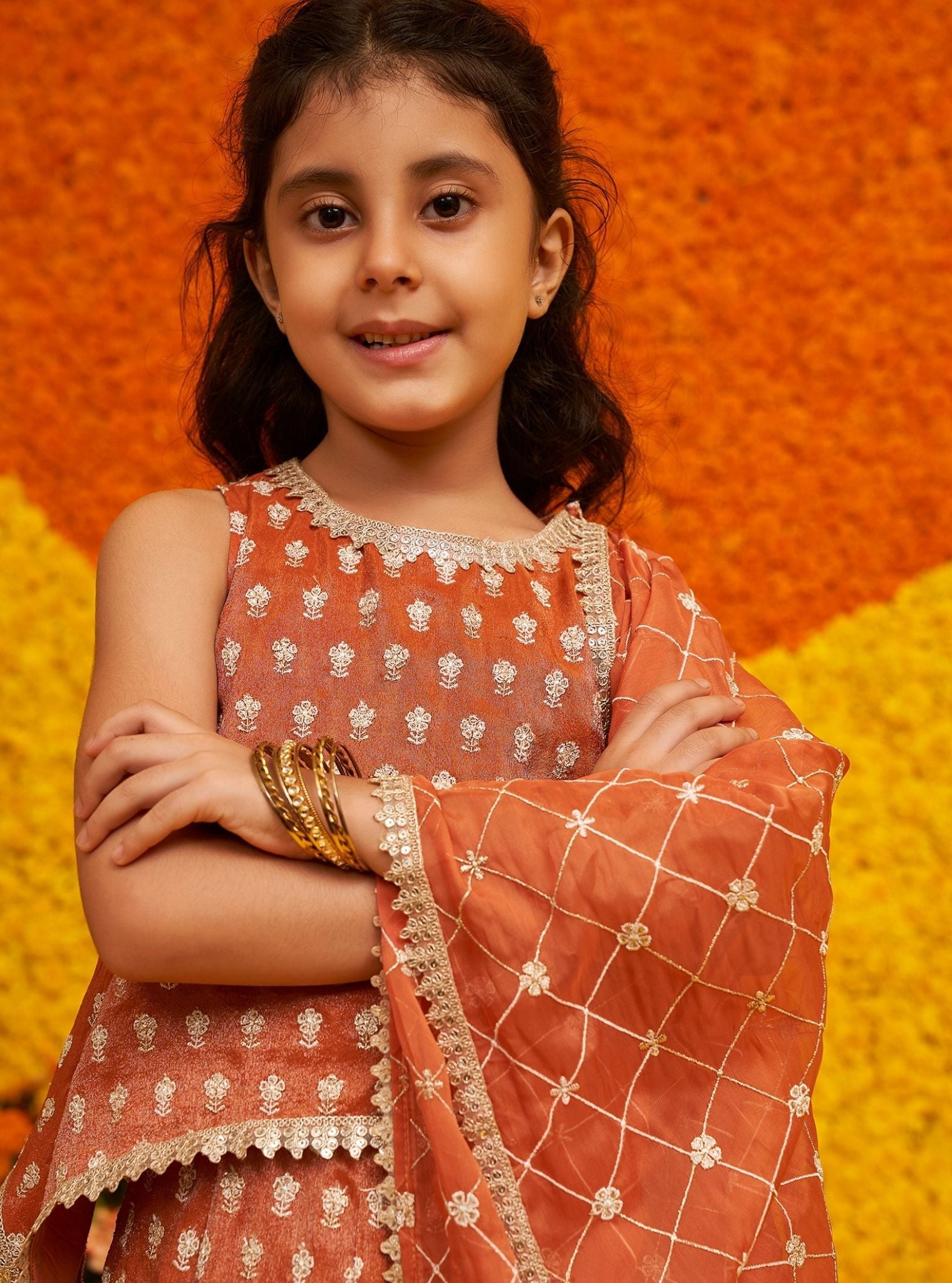 Naira Royal Tissue Burnt Orange Kurta with Lehenga Set