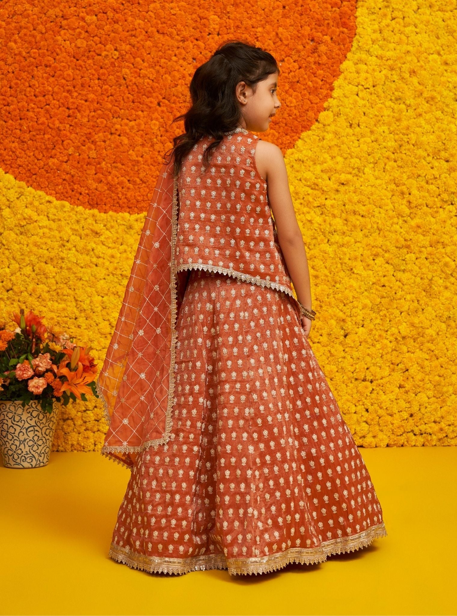 Naira Royal Tissue Burnt Orange Kurta with Lehenga Set