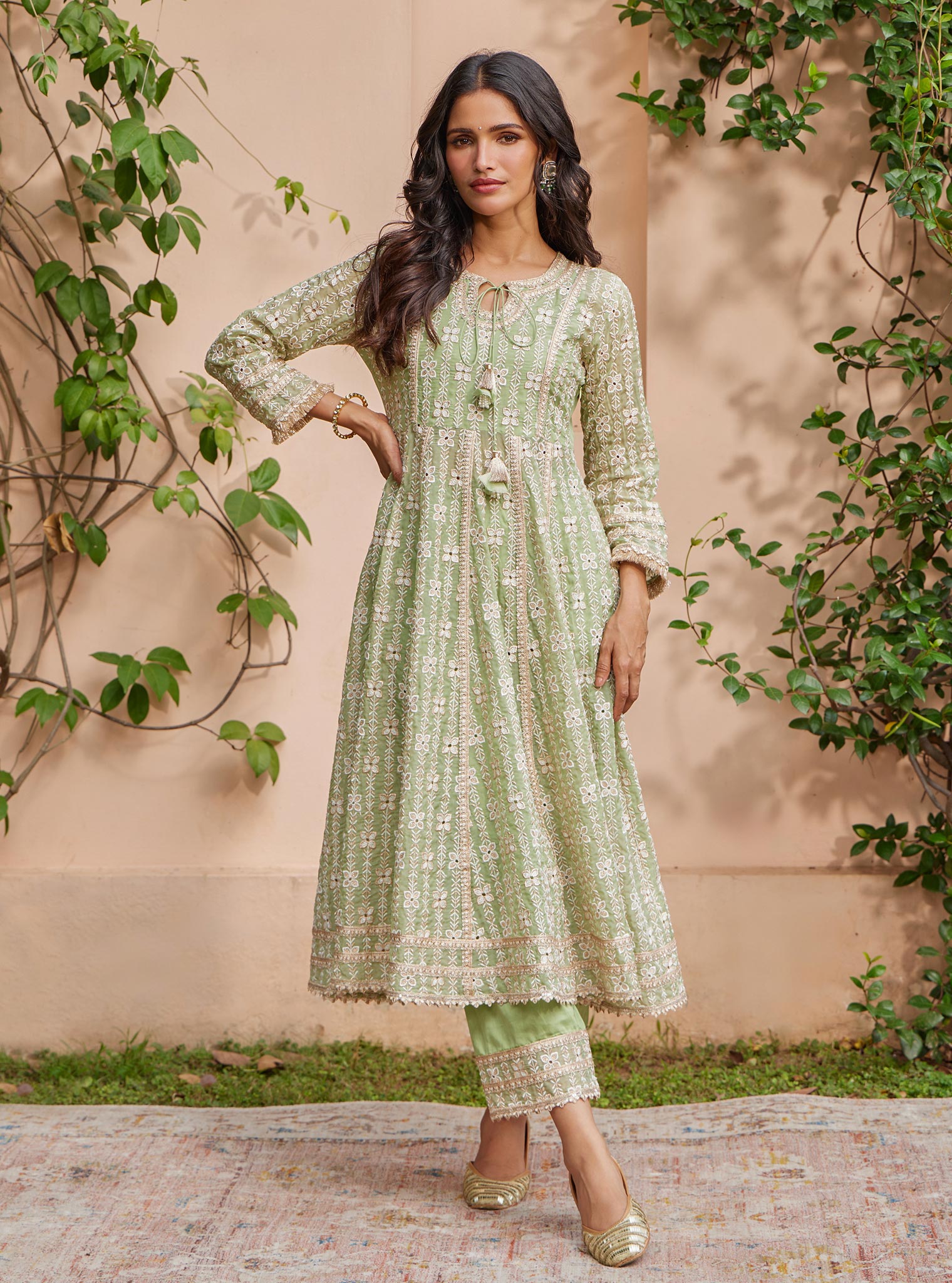 Arka Organza Green Anarkali Kurta Set