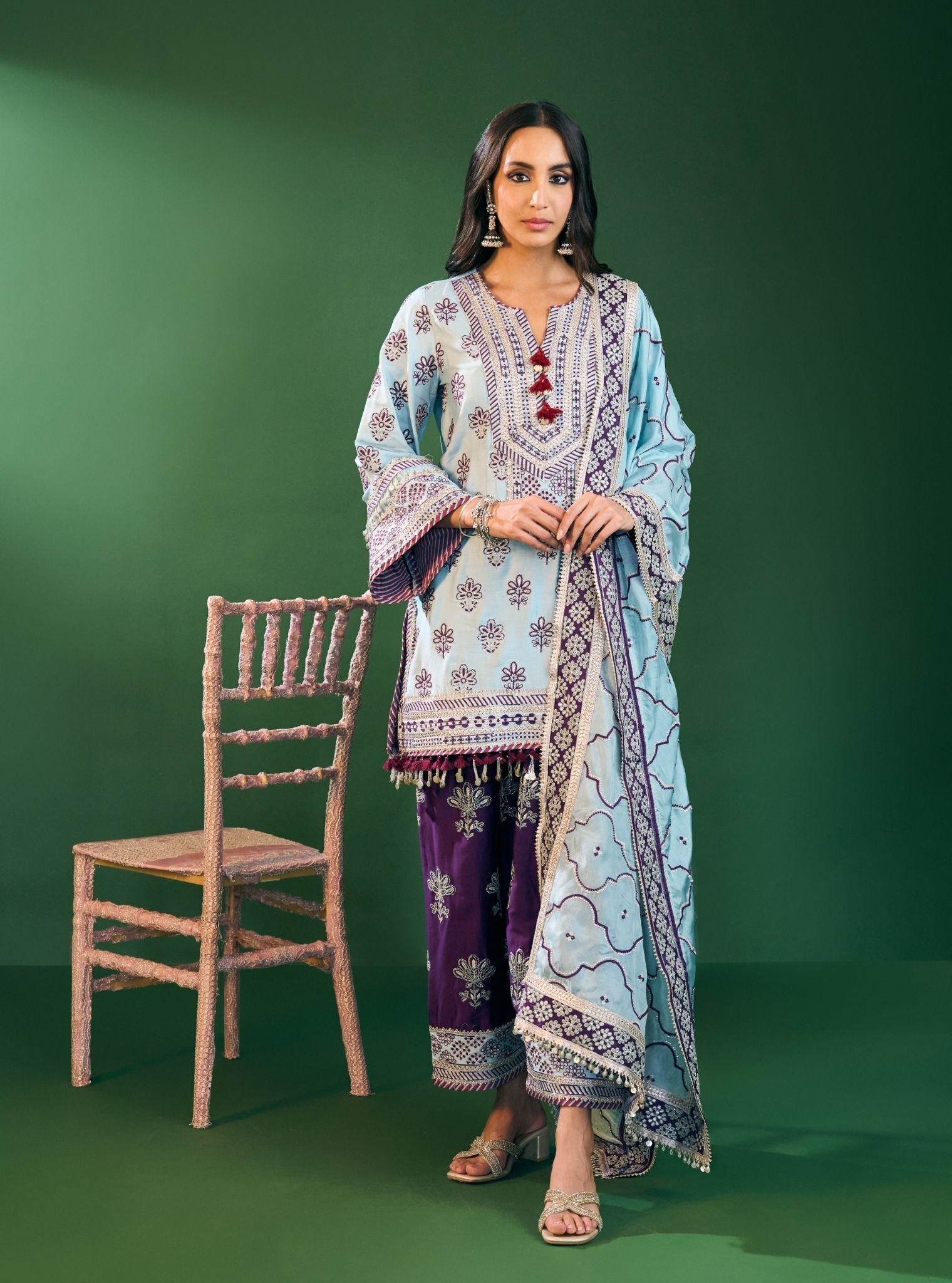 Lani Pima Satin Sky Blue Kurta With Purple Pant