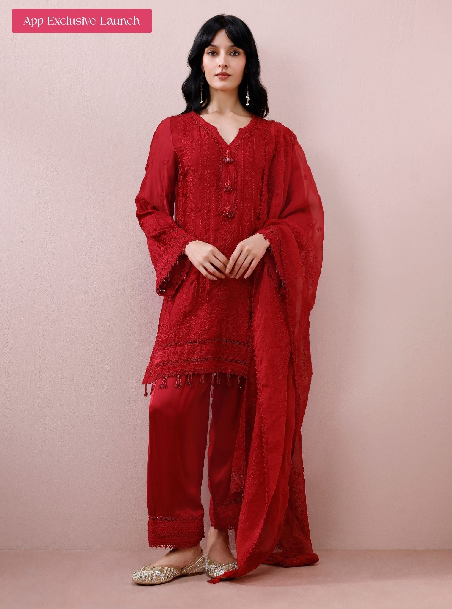 Zuri Cupro Satin Red Kurta With Farshi Salwar