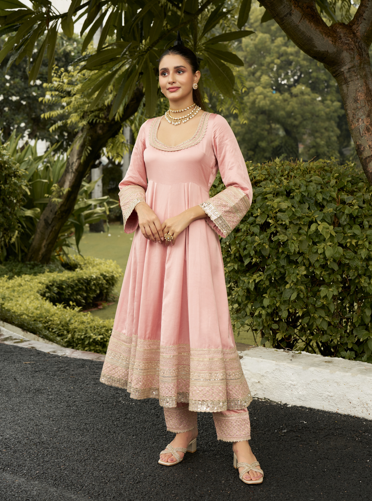 Mausami Pink Linen Satin Anarkali Kurta Set