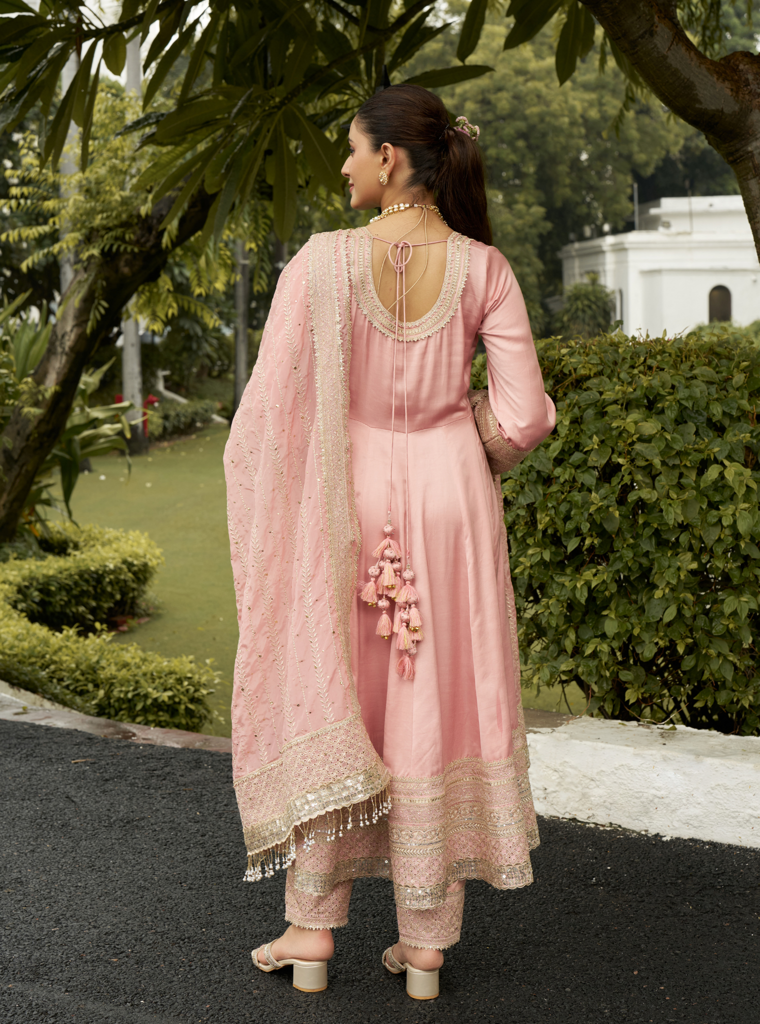 Mausami Pink Linen Satin Anarkali Kurta Set
