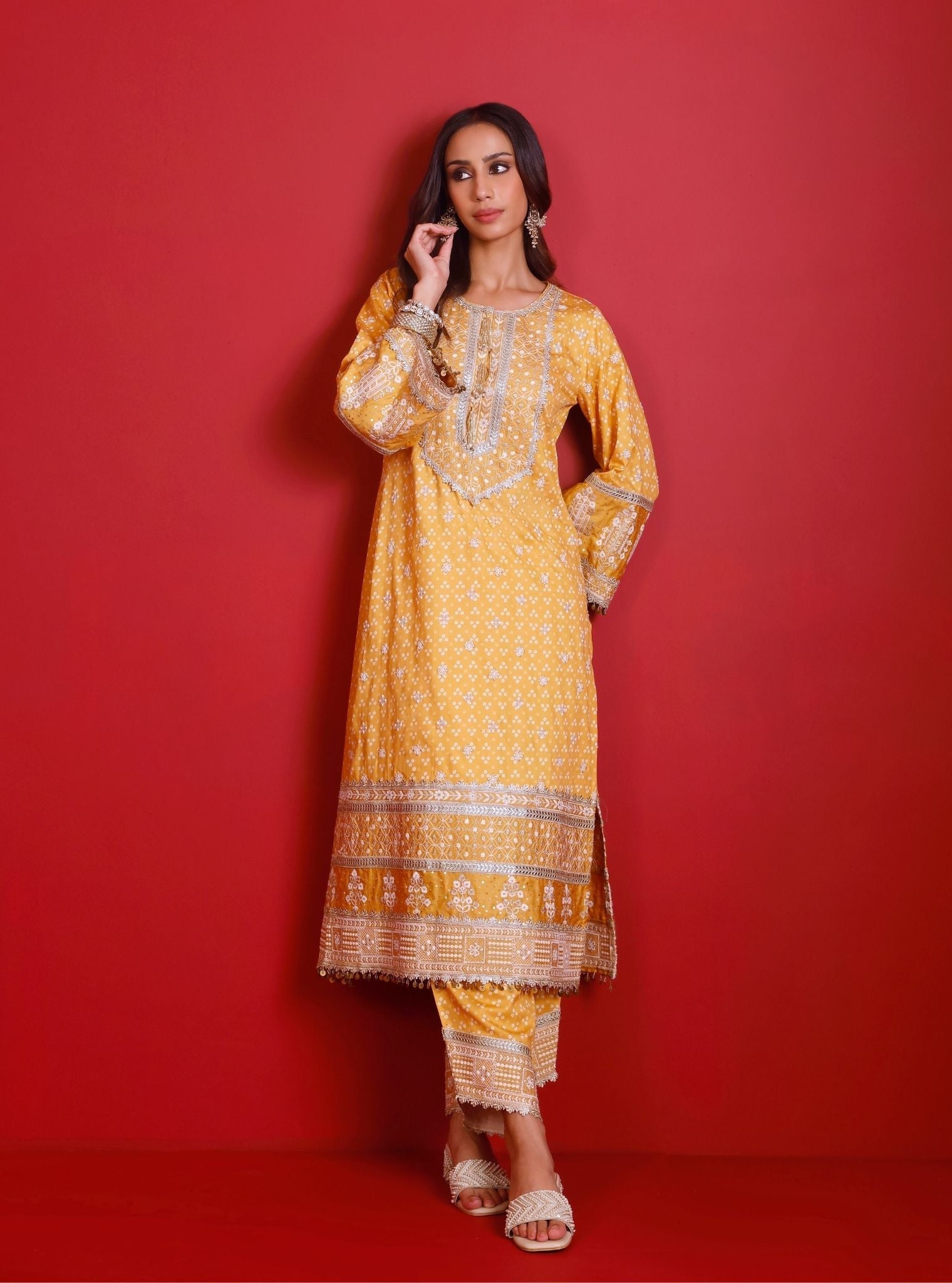 Lari Pima Satin Printed Mustard Kurta Set