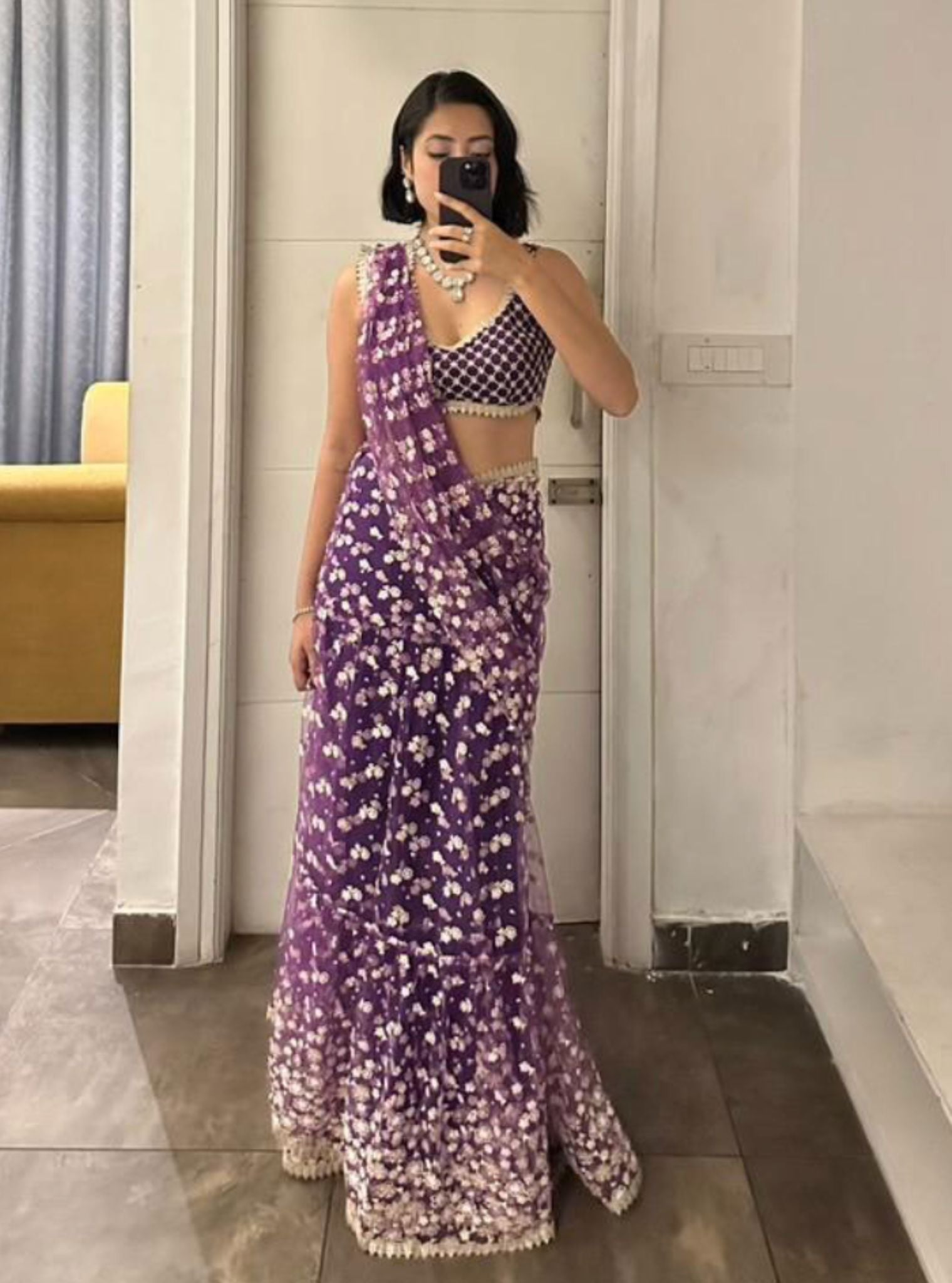 Mulmul Net Kala Purple Saree