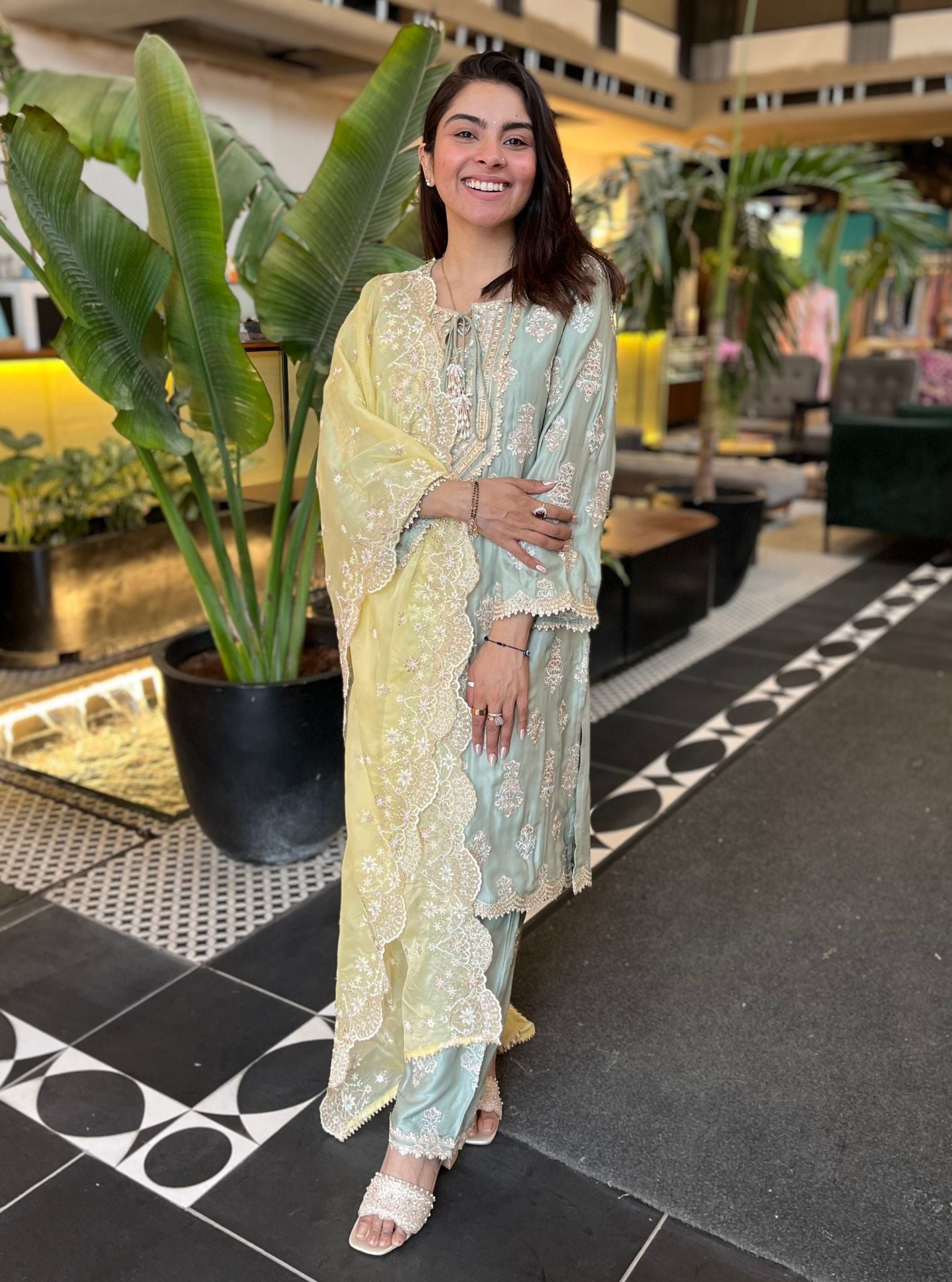 Intira Pima Satin Sage Green Kurta Set