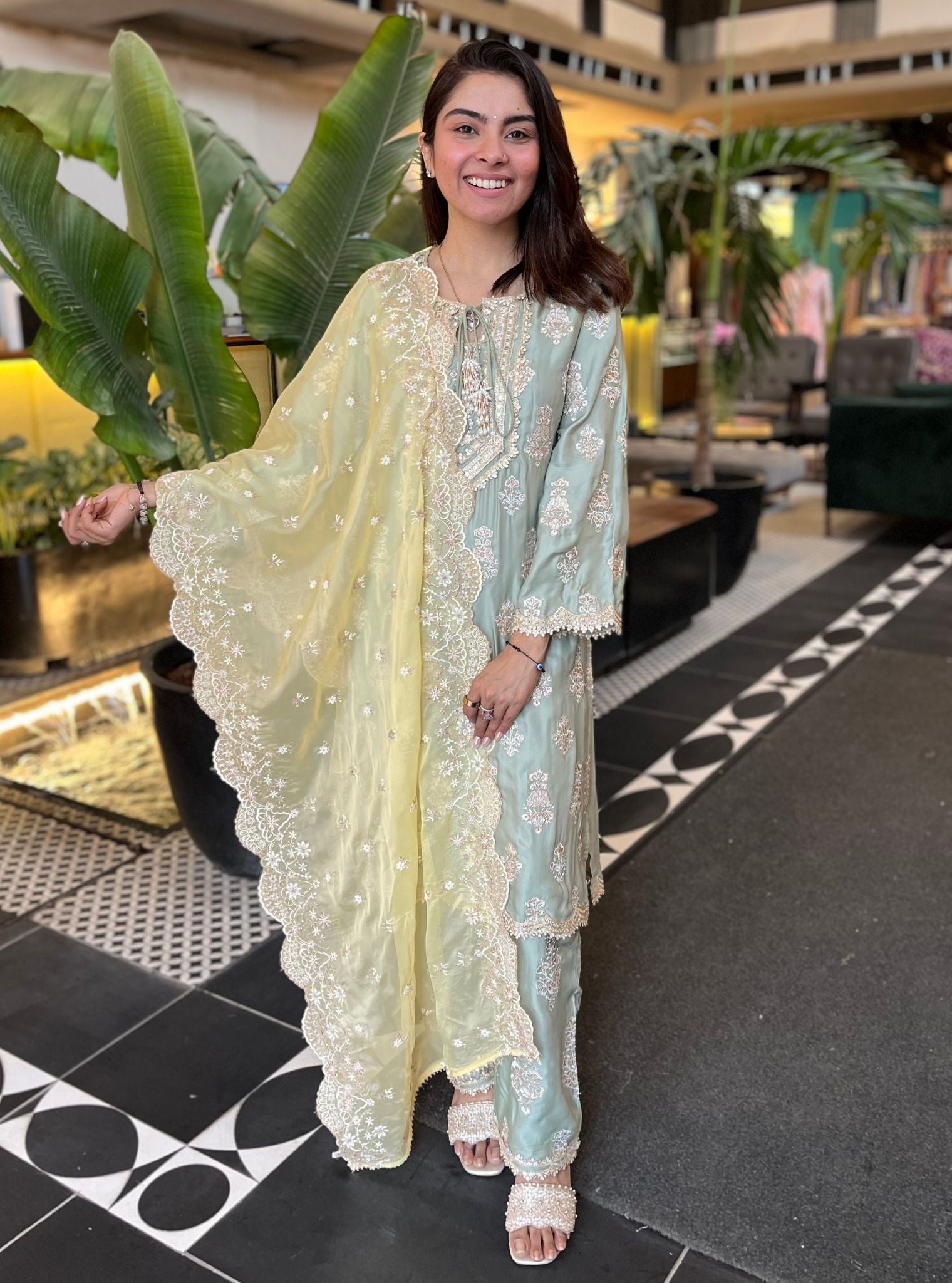 Intira Pima Satin Sage Green Kurta Set