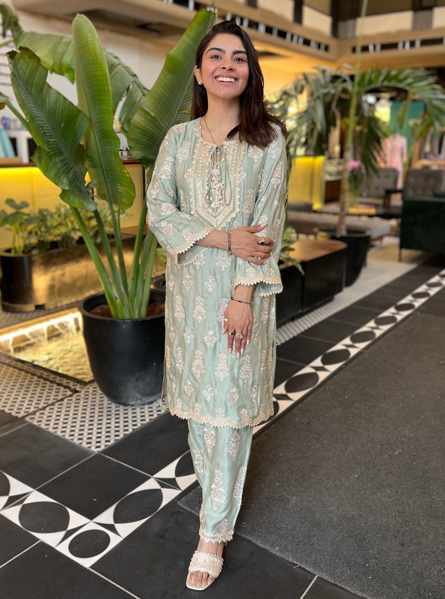 Intira Pima Satin Sage Green Kurta Set