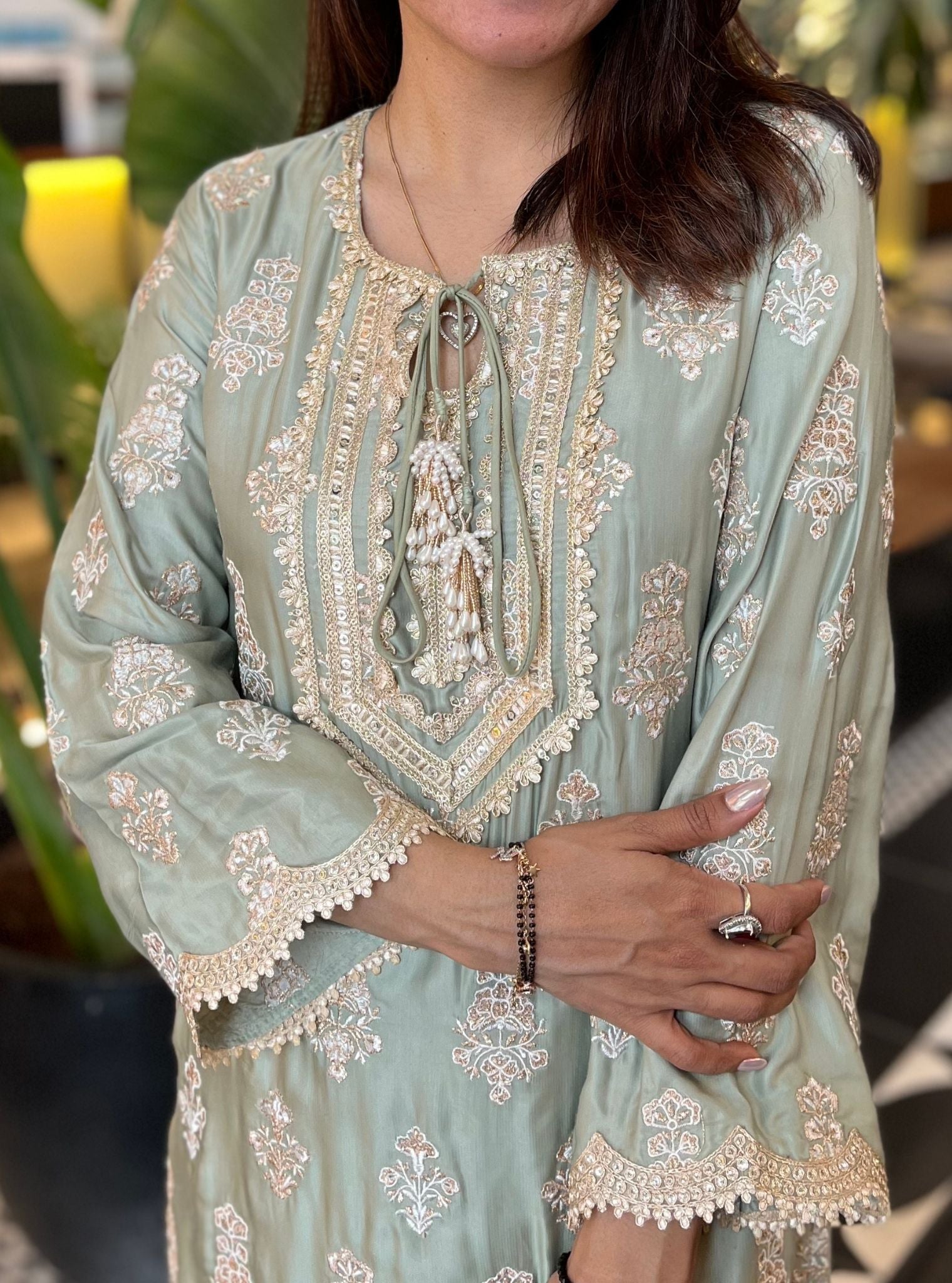 Intira Pima Satin Sage Green Kurta Set