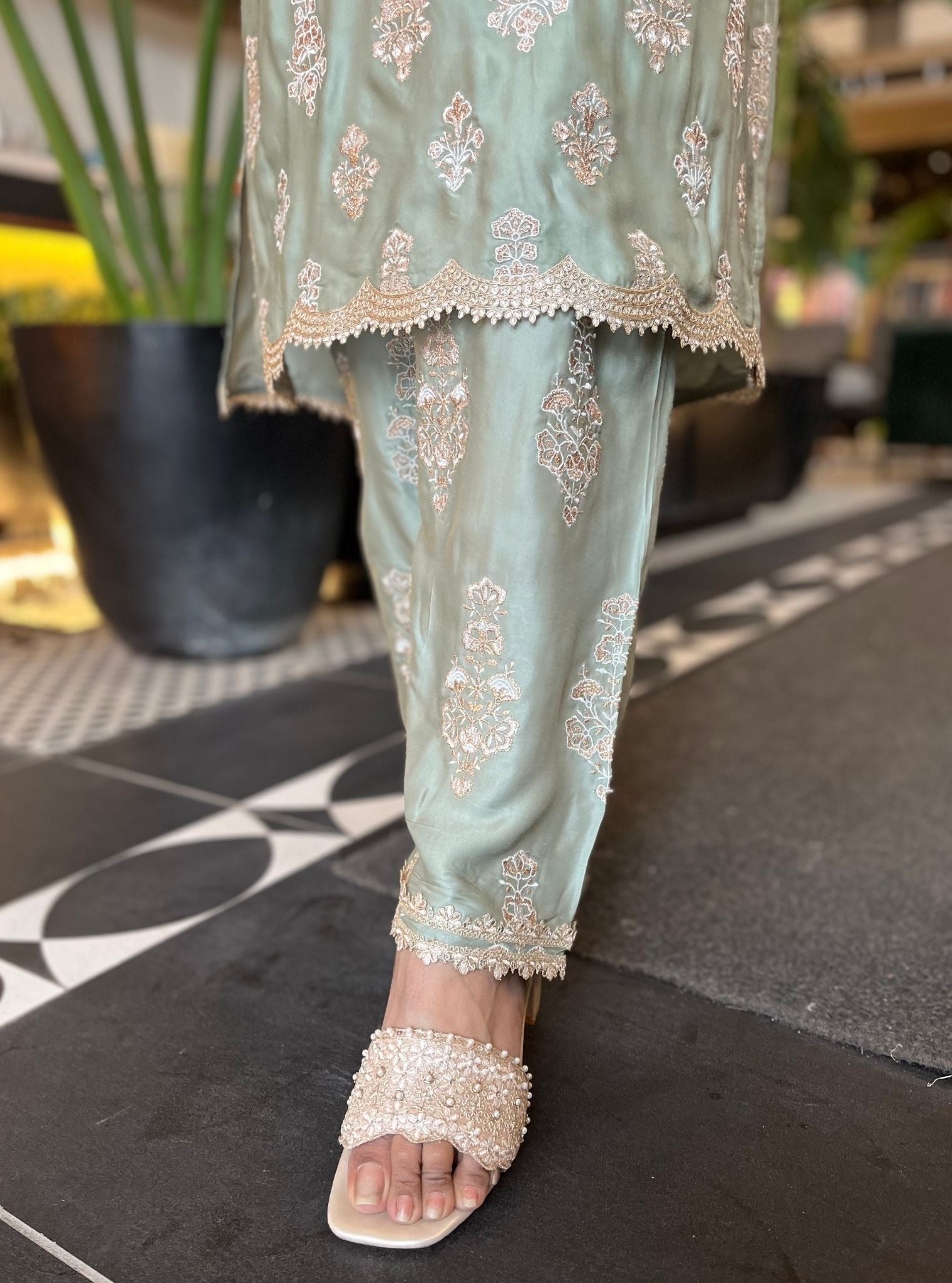 Intira Pima Satin Sage Green Kurta Set