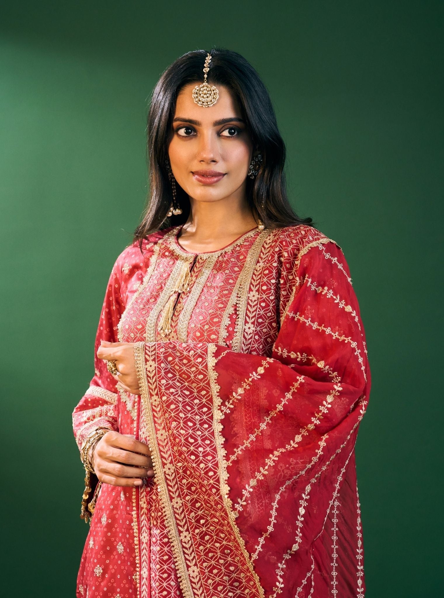 Lari Pima Satin Printed Red Kurta Set