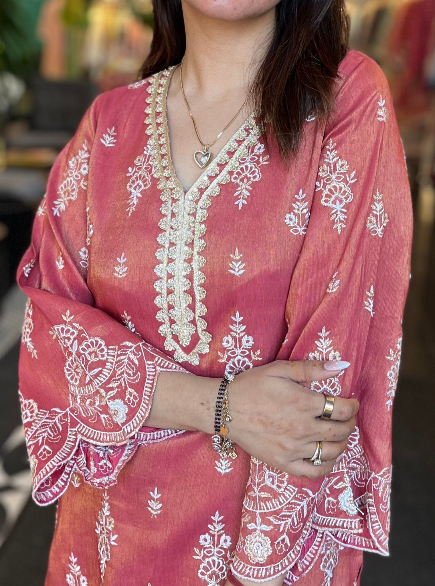 Emon Tissue Linen Satin Red Kurta Set