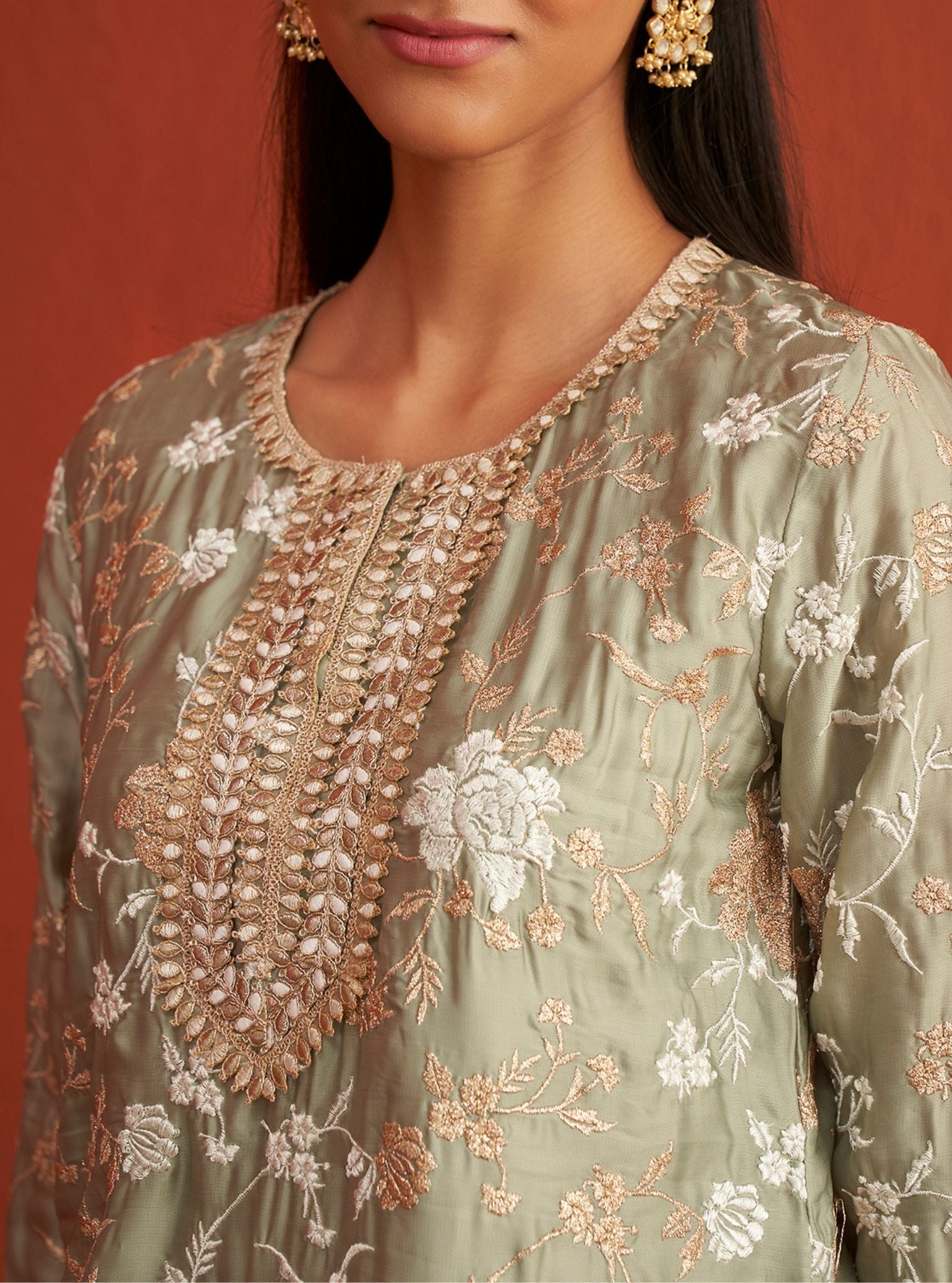 Fitoor Organza Satin Sage Green Kurta Set