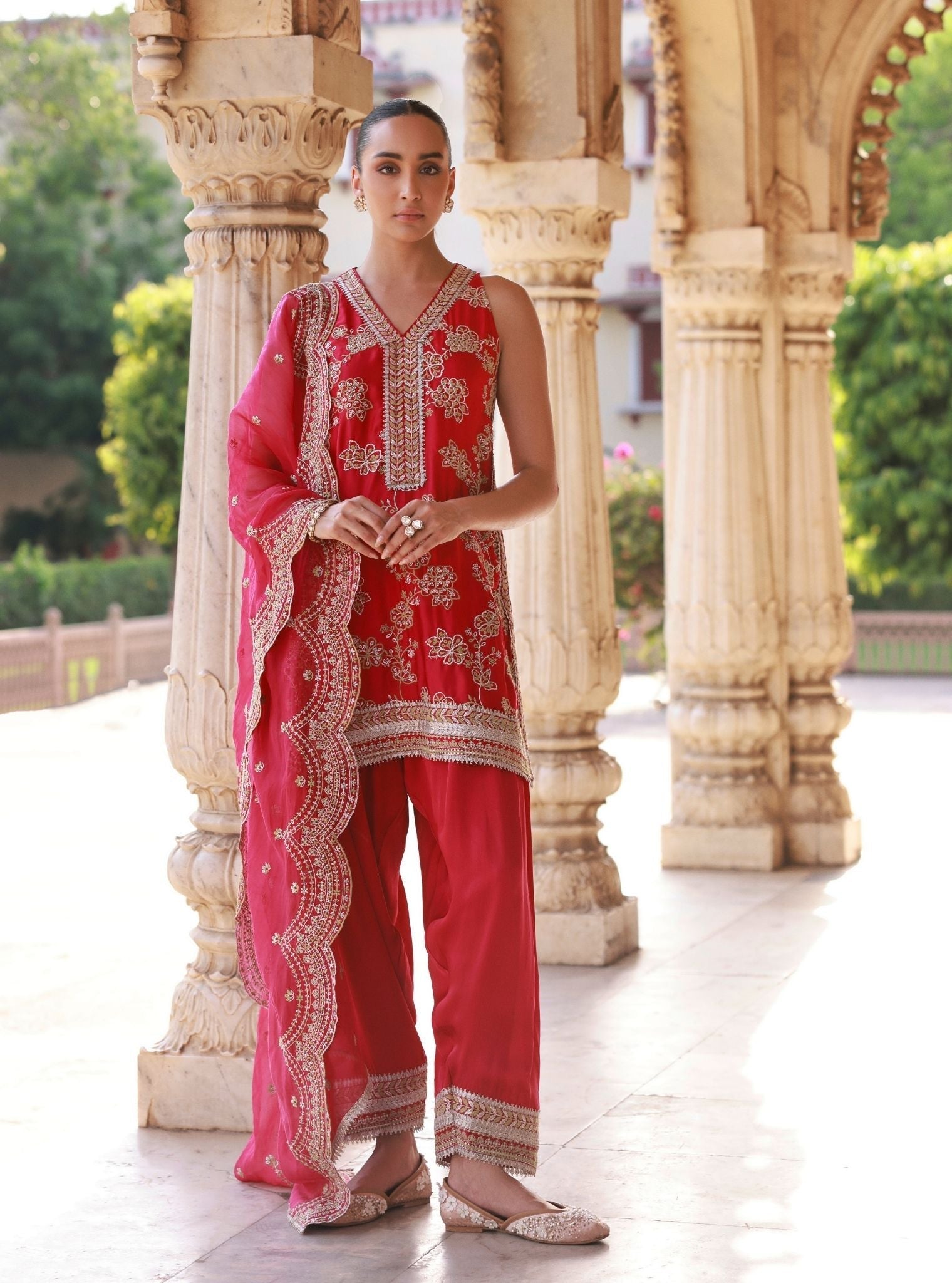 Jivara Bemberg Satin Fuchsia Kurta With Farshi Salwar