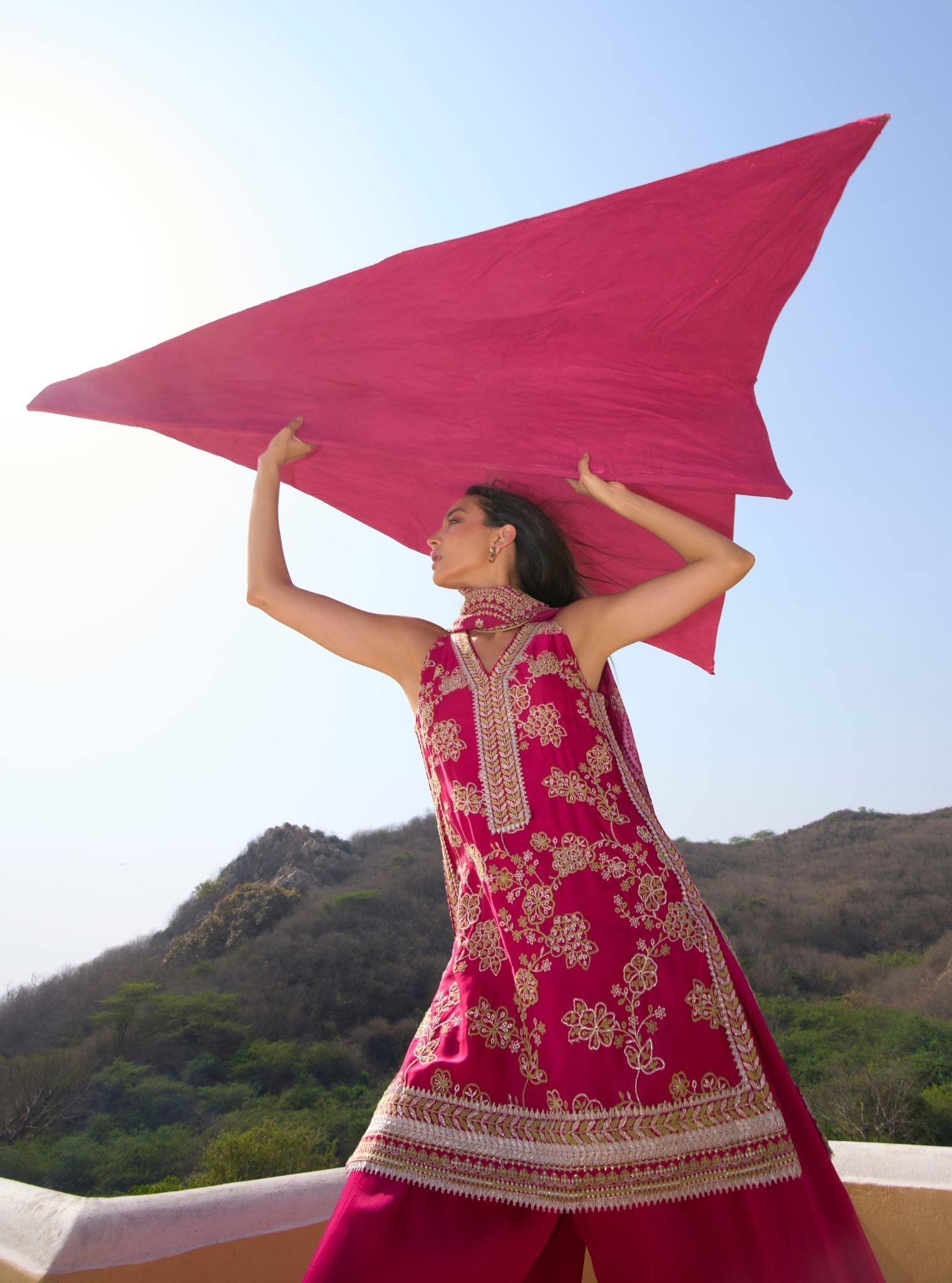 Jivara Bemberg Satin Fuchsia Kurta With Farshi Salwar