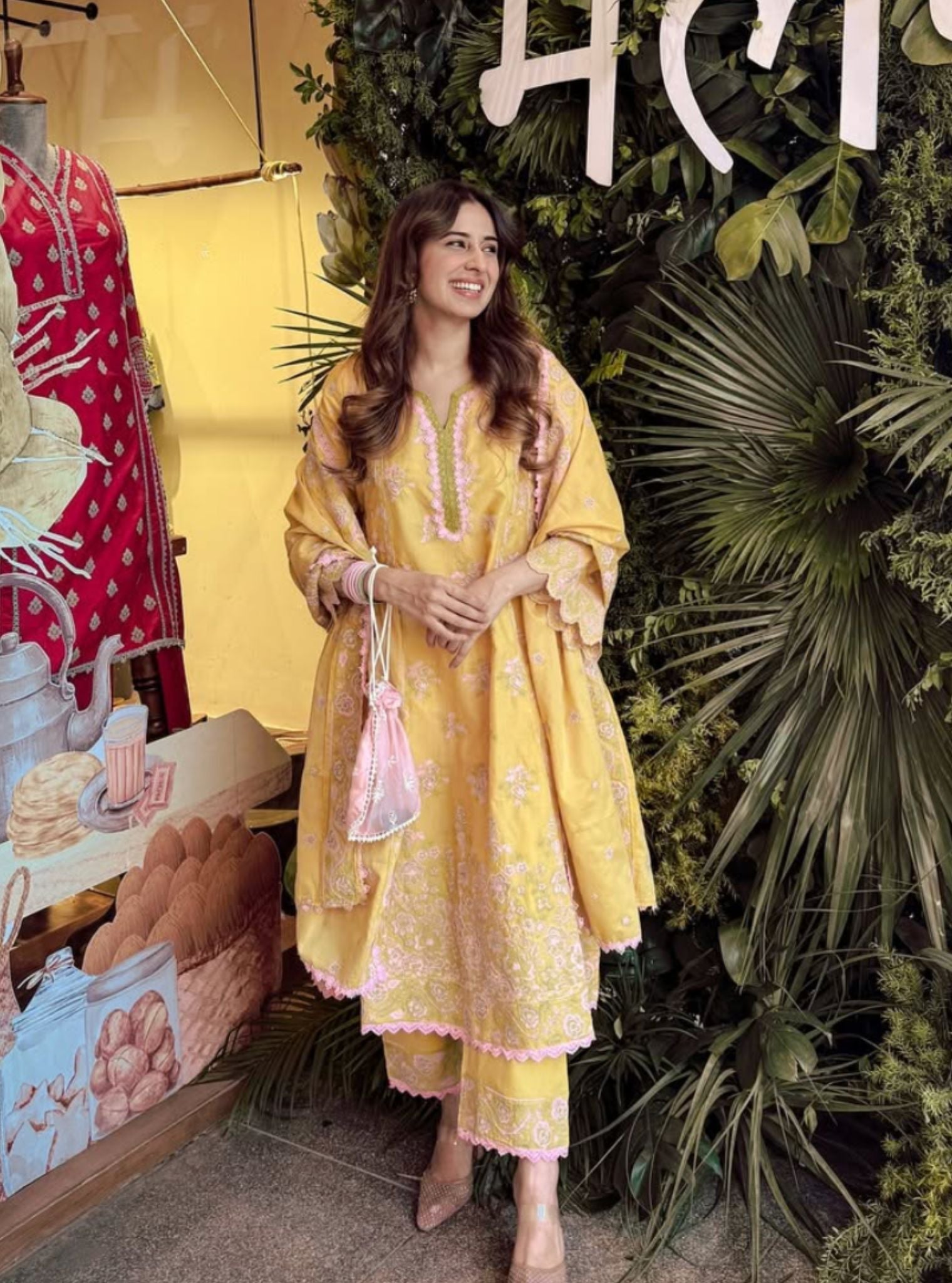 Mulmul Cotton Aavya Yellow Anarkali Kurta With Mulmul Cotton Aavya Yellow Pant