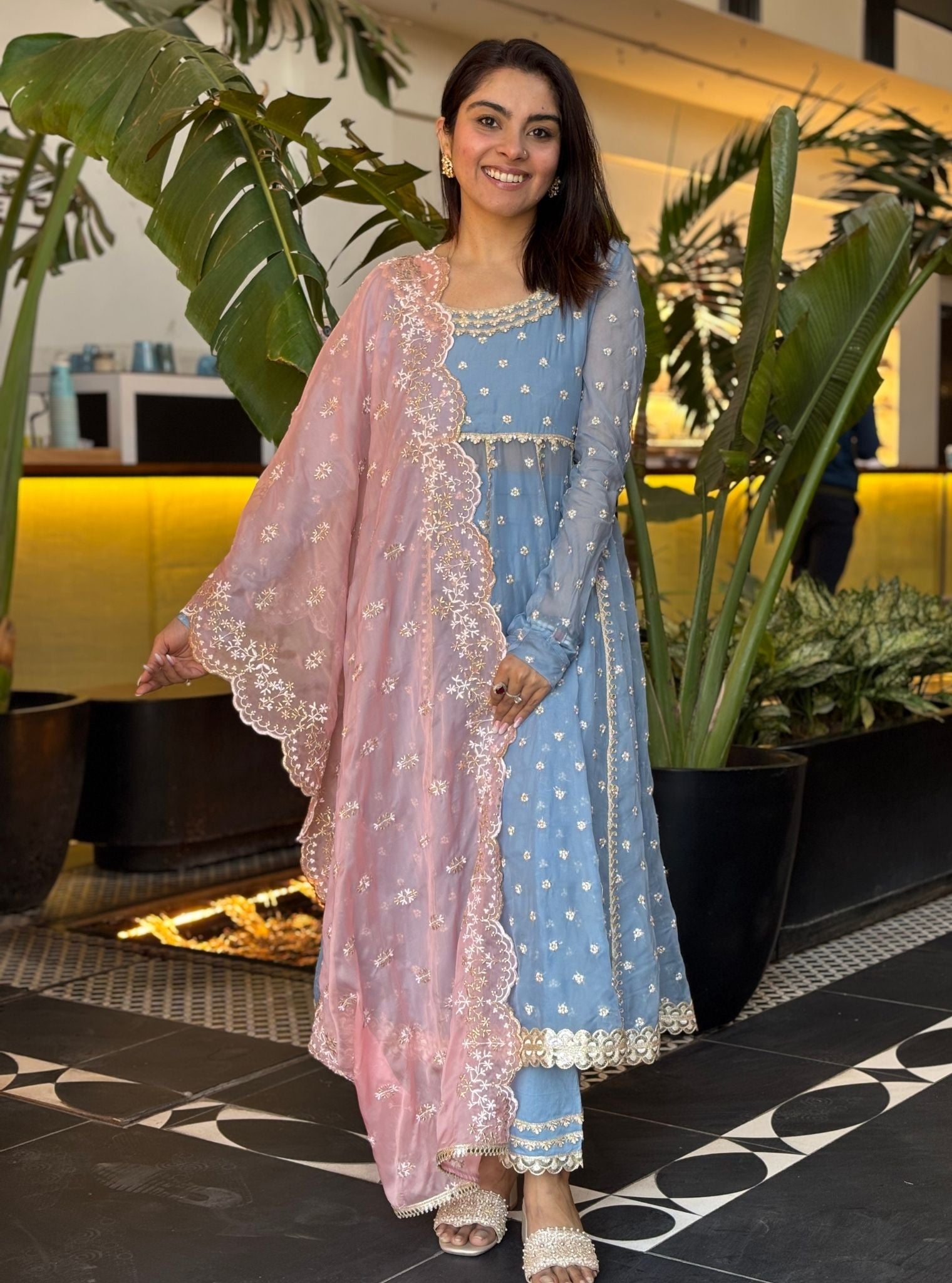 Yumi Organza Light Blue Anarkali Kurta Set