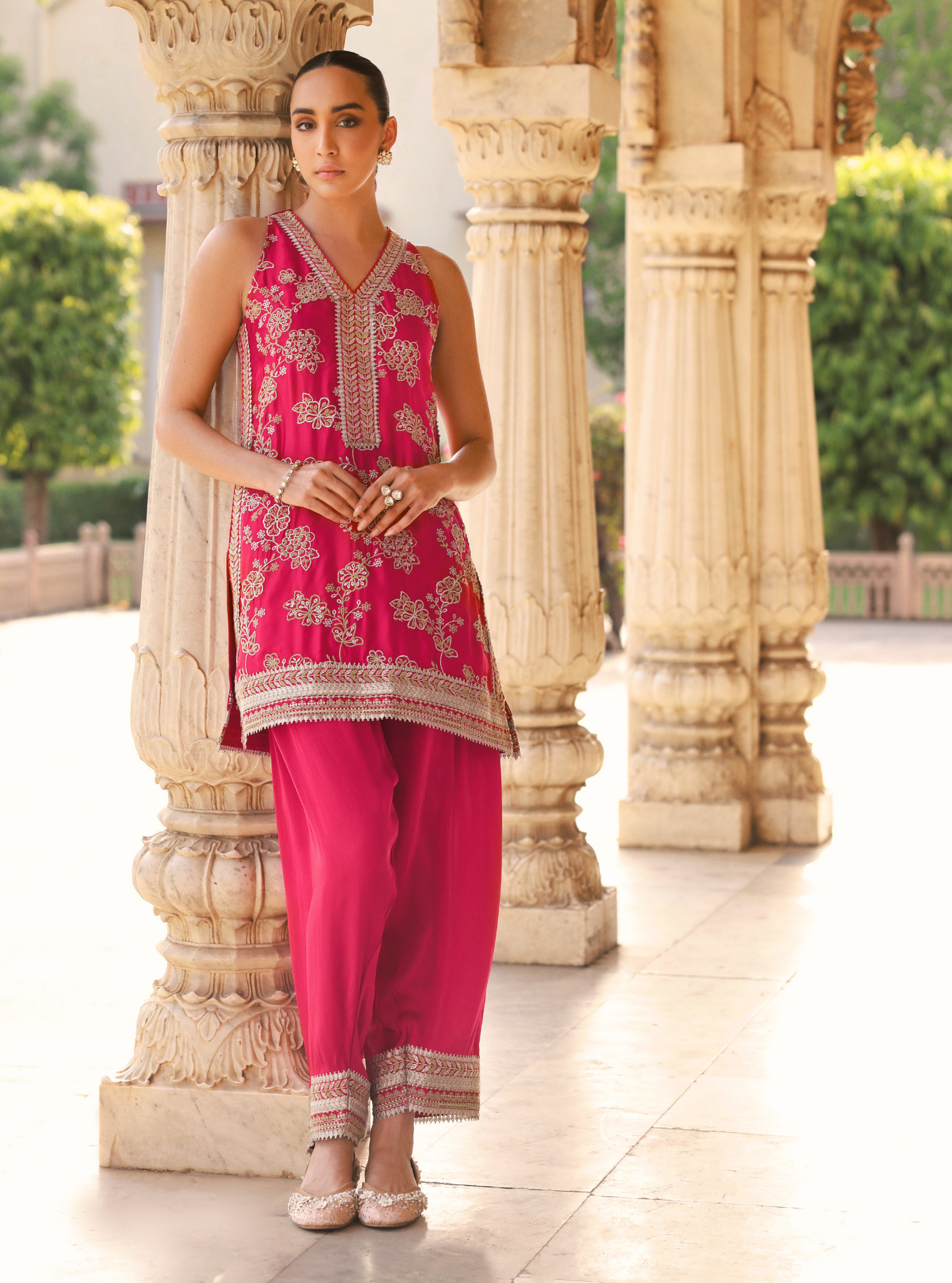 Jivara Bemberg Satin Fuchsia Kurta With Farshi Salwar