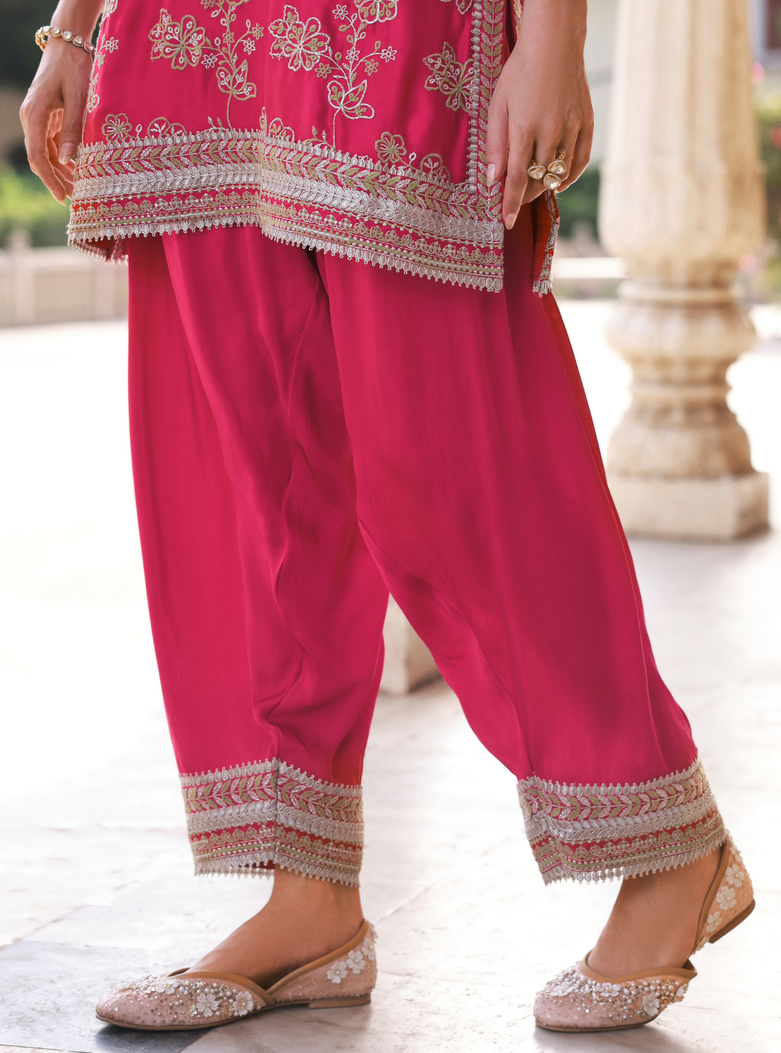 Jivara Bemberg Satin Fuchsia Kurta With Farshi Salwar