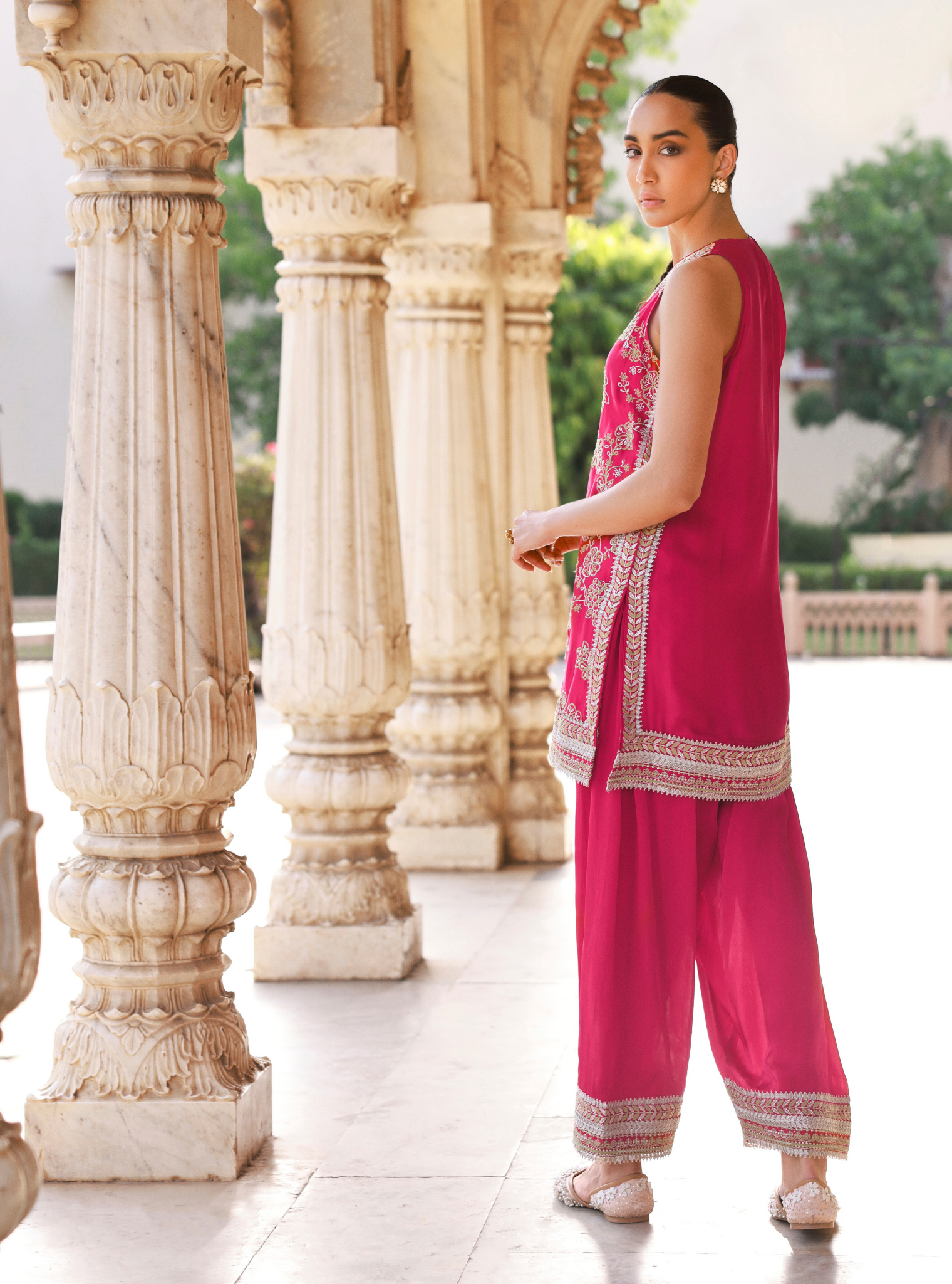 Jivara Bemberg Satin Fuchsia Kurta With Farshi Salwar