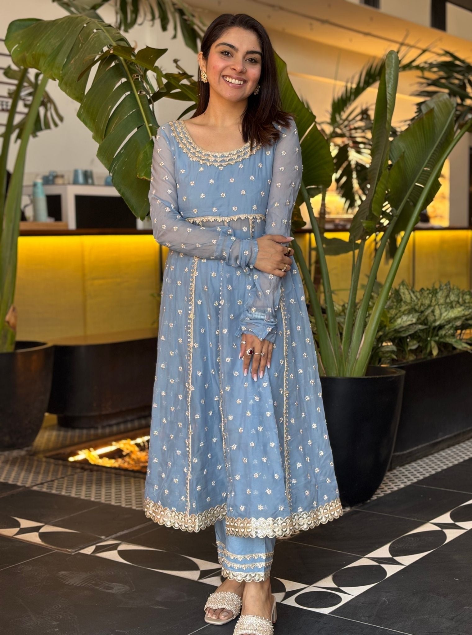Yumi Organza Light Blue Anarkali Kurta Set