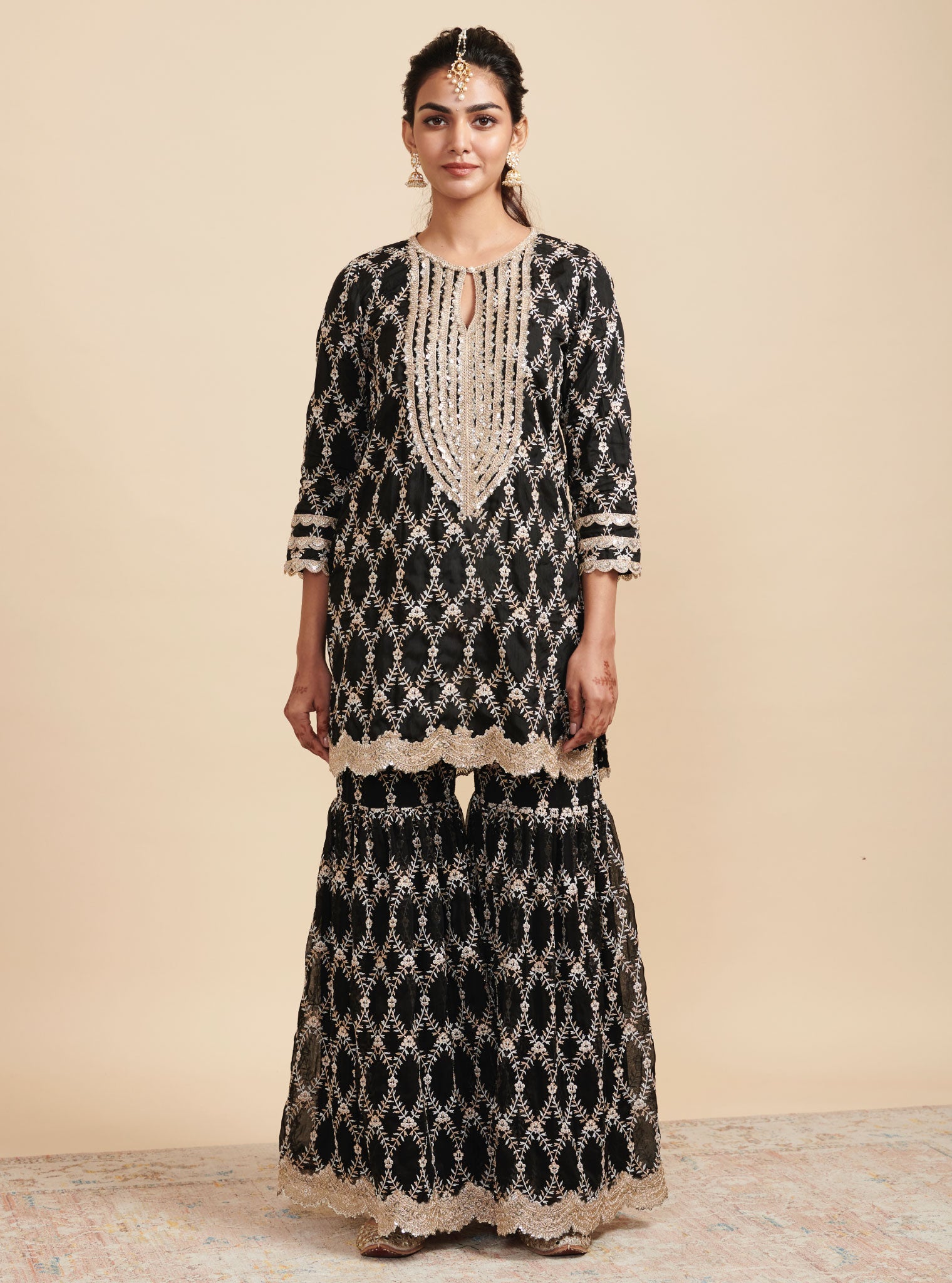 Kajra Silk Black Short Kurta with Garara Set