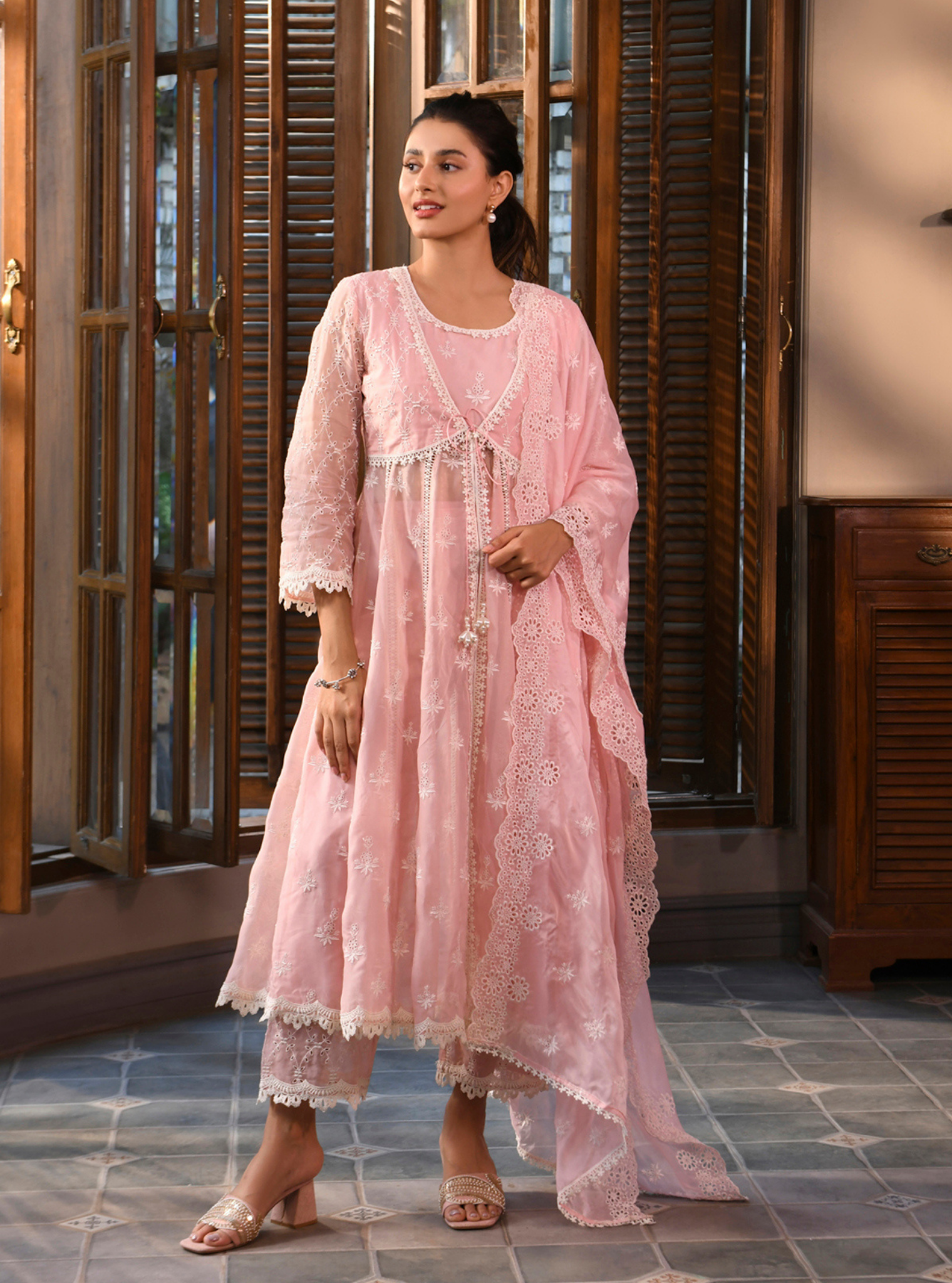 Mulmul Organza Nyla Pink Anarkali Kurta With Mulmul Cotton Nyla Pink Pant