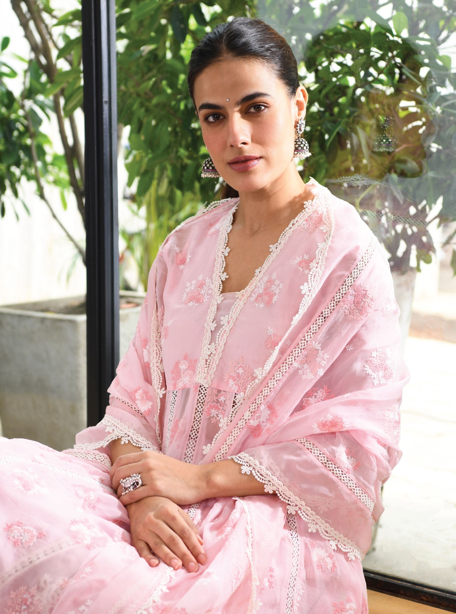 Stirling Organza Pink Anarkali Kurta Set