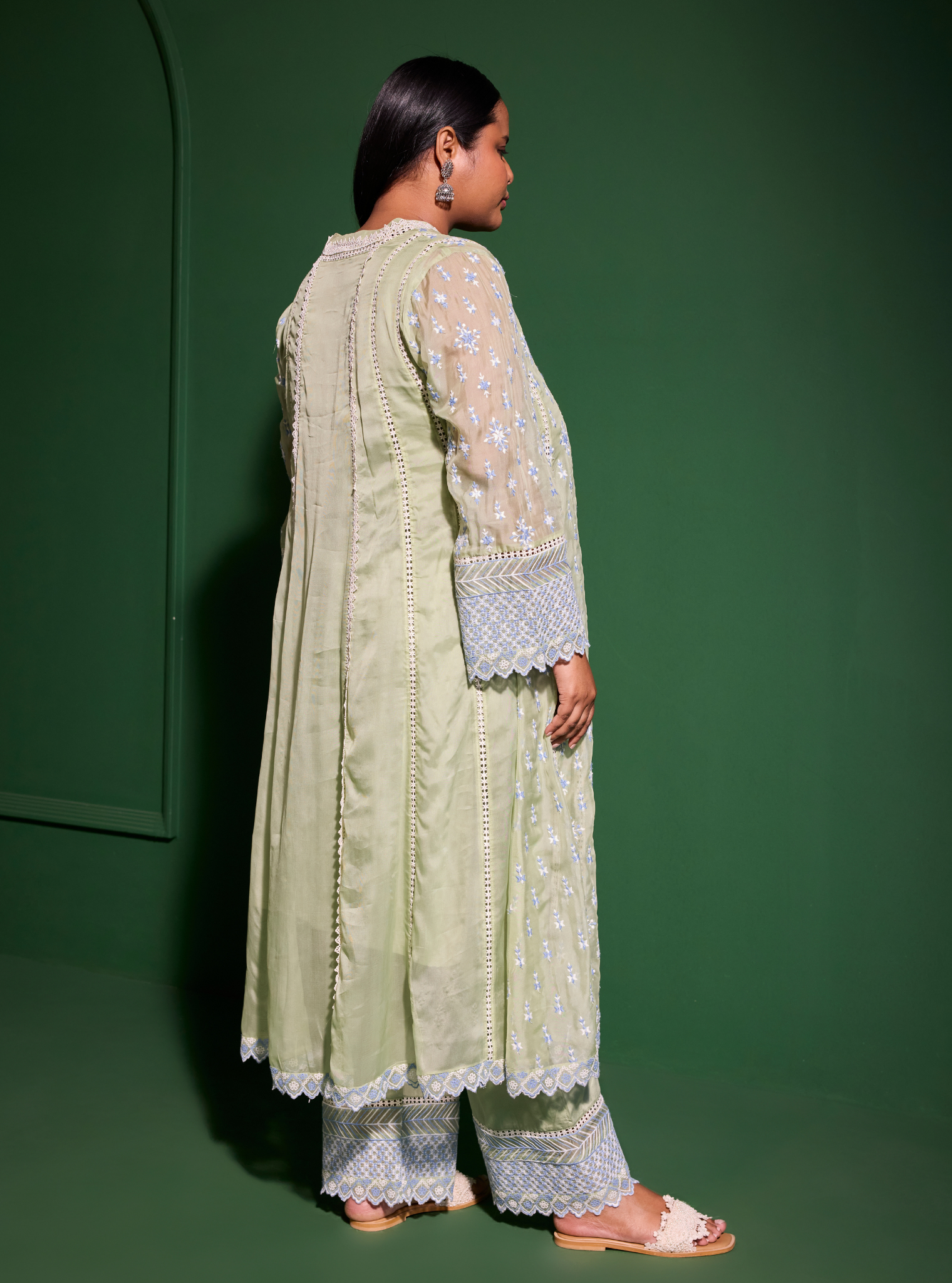 Mulmul Organza Smitha Green Anarkali Kurta With Mulmul Cotton Smitha Green Pant