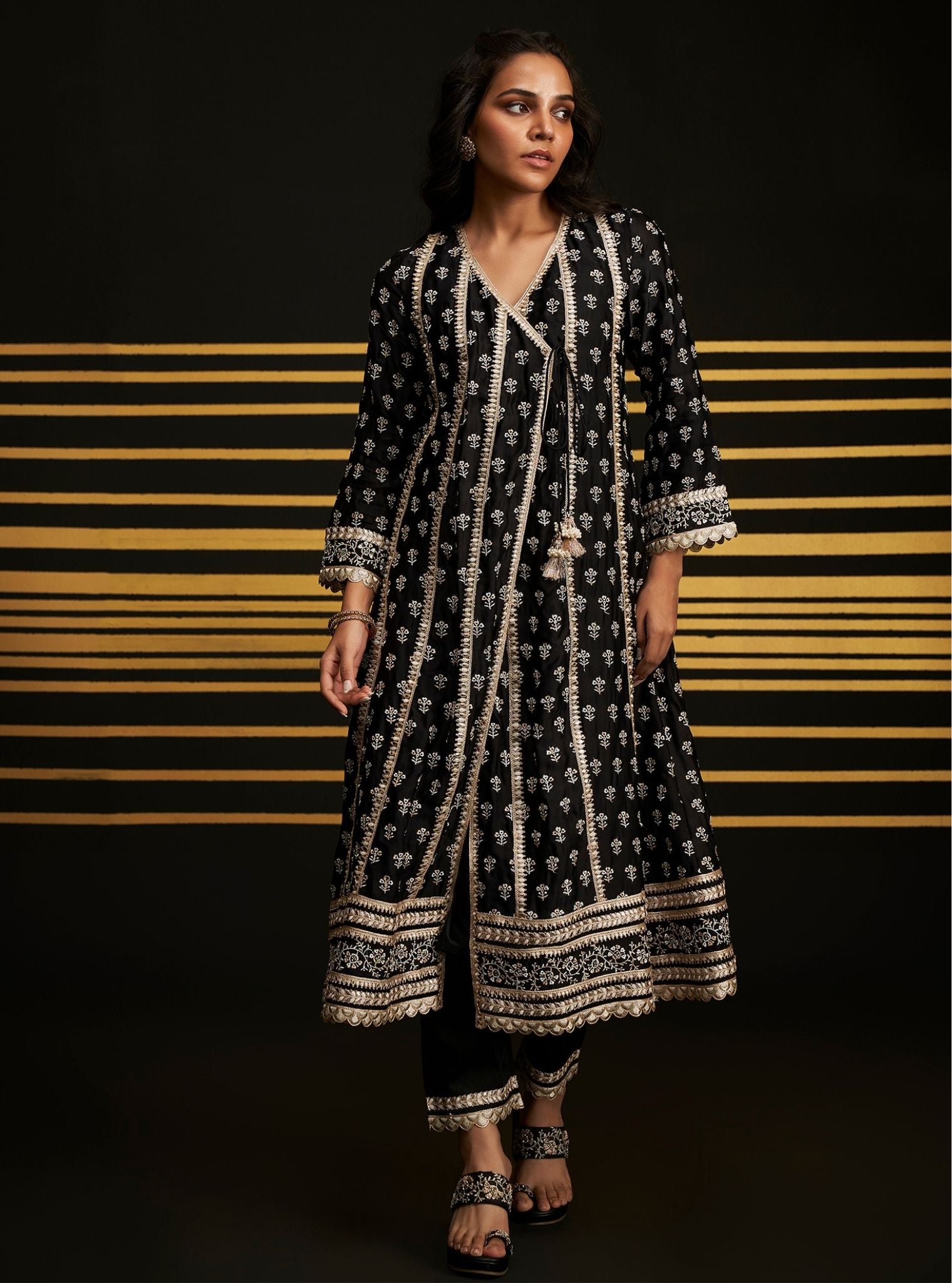 Patola Organza Satin Black Anarkali Kurta Set