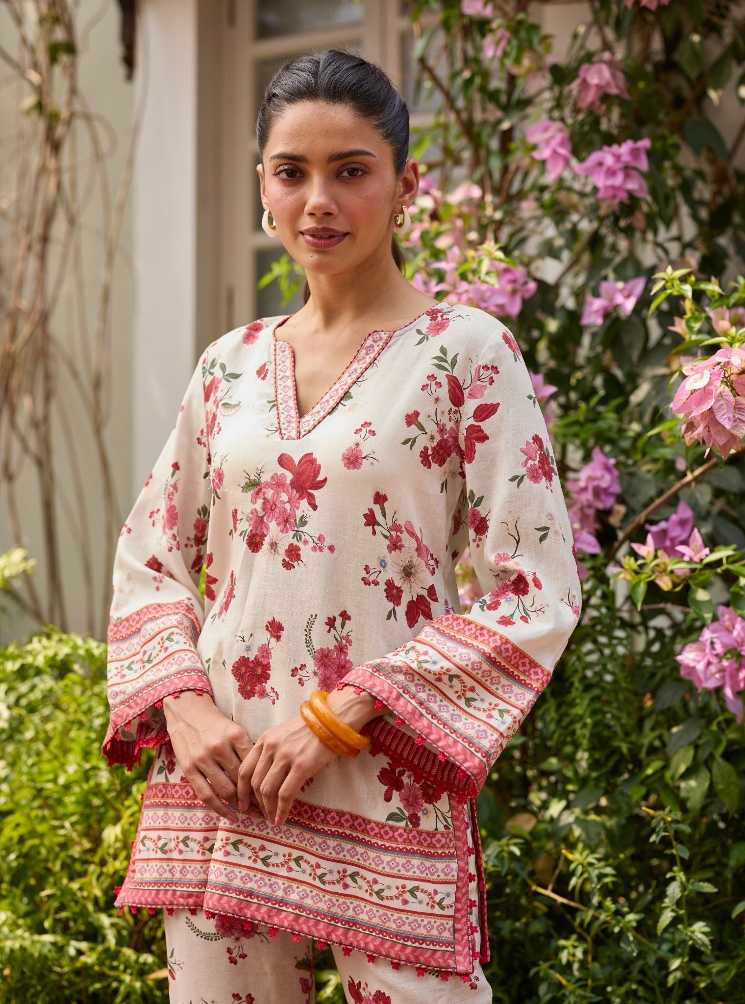 Aelani Linen Printed Off White Top Set
