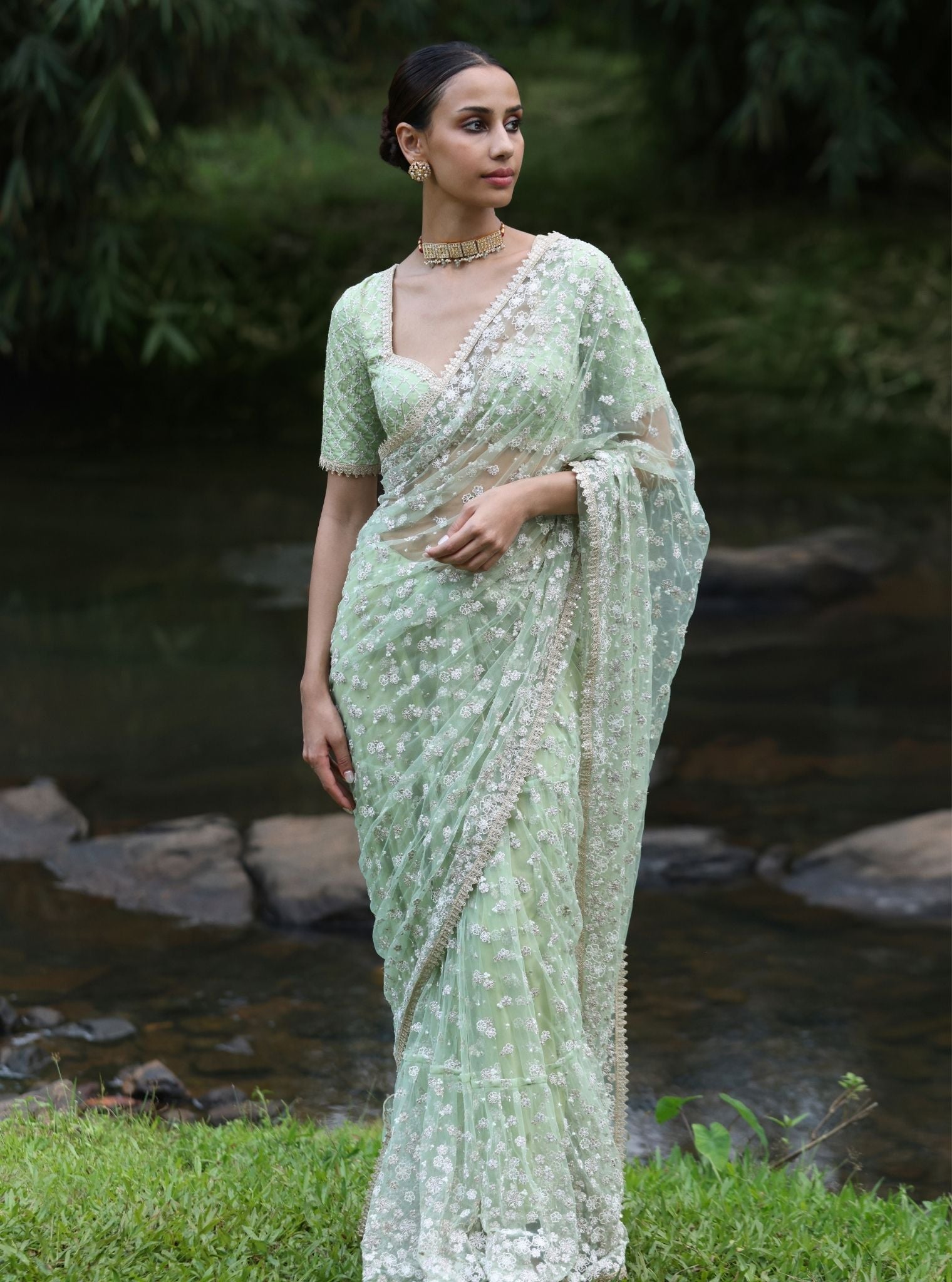Mulmul Net Kala Green Saree