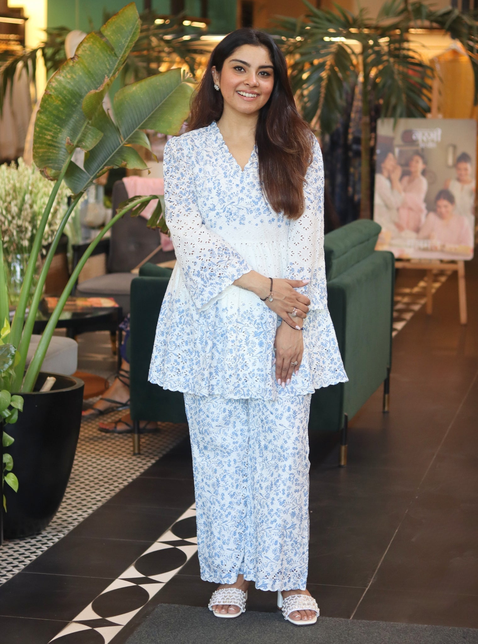 Frida Cotton White Blue Print Co-ord Set