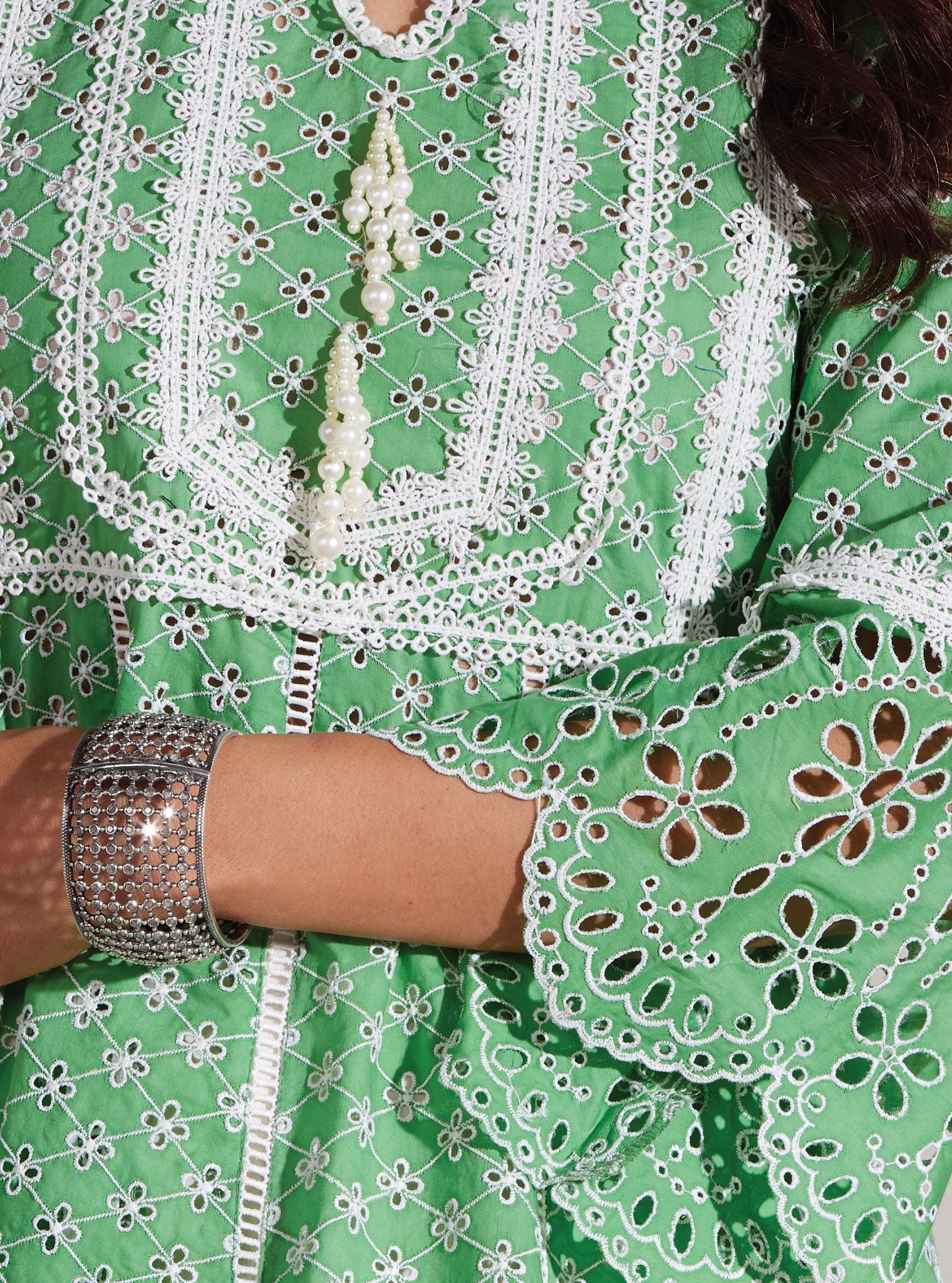 Arris Supima Cotton Anarkali Green Kurta with Saanjh White Pant Set